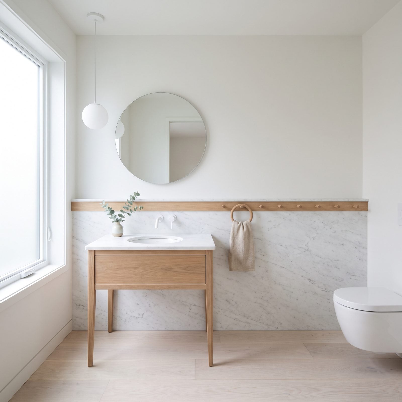 A Walnut Peg Rail Set Into a Marble Splash Wall