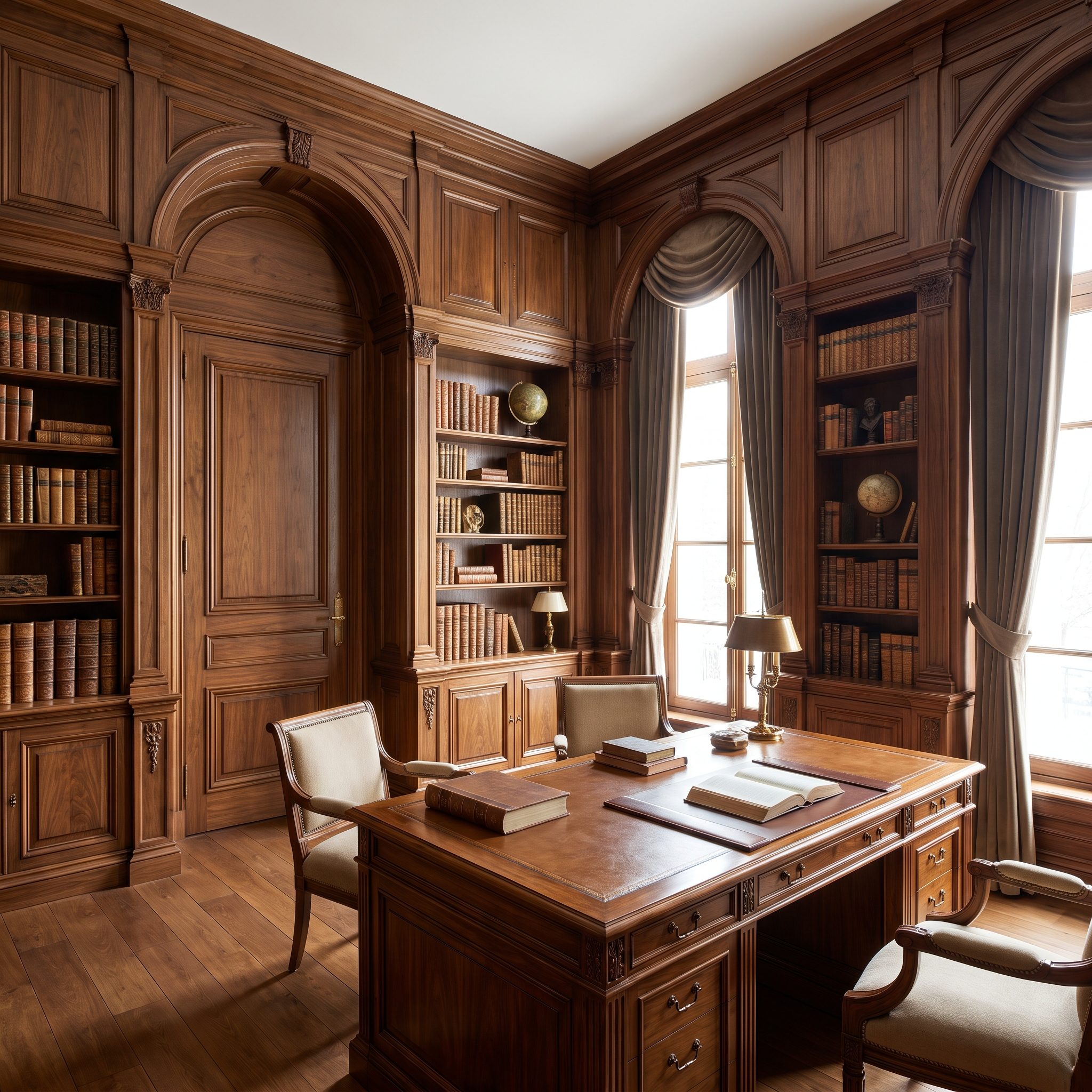 Walnut-Toned Library Where Millwork Wraps the Whole Room Instead of Stopping at One Bookcase Wall