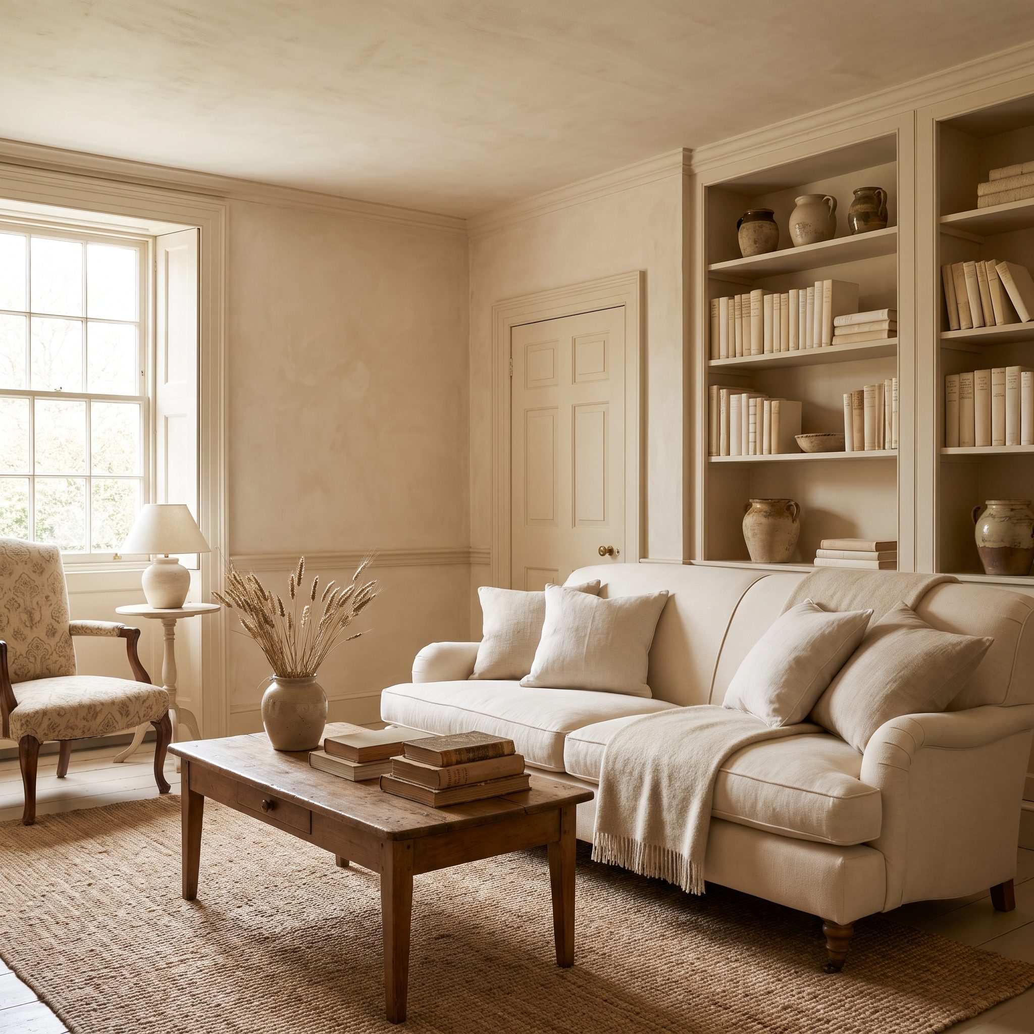 Living room painted in tonal creams across walls, trim, ceiling, and door with a camel linen sofa and kilim rug.