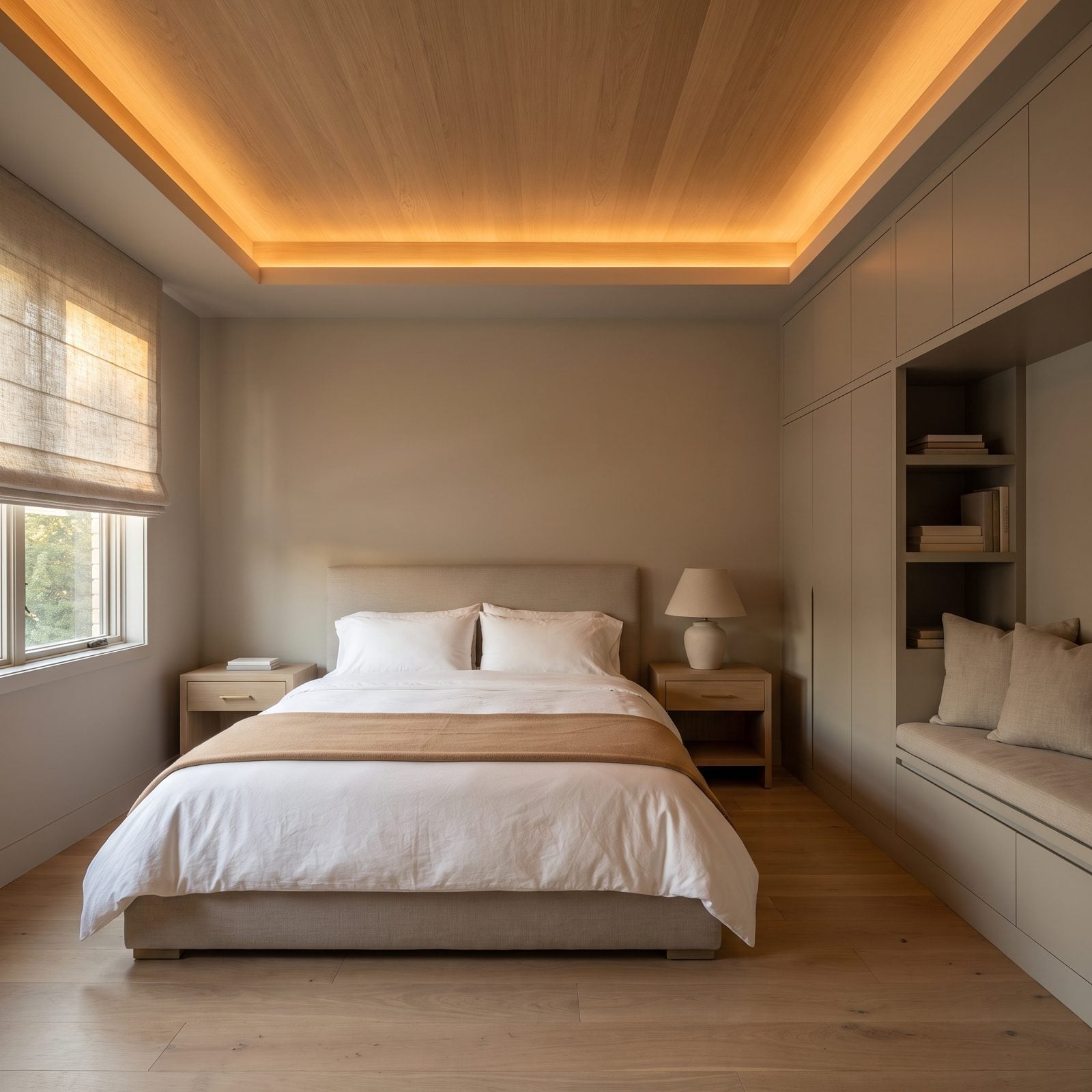 Warm, Dimmable Ceiling Cove Lighting in a Transitional Bedroom