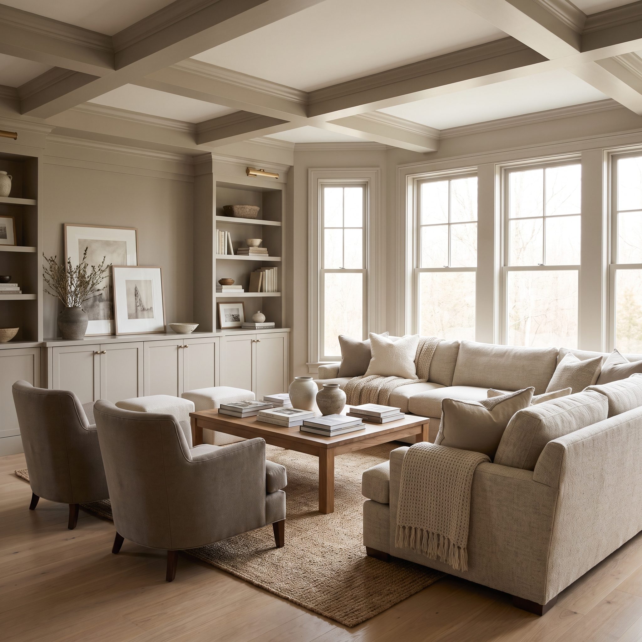 Warm Greige Family Room, Subtle Drenching Makes an Open Everyday Room Feel Finished