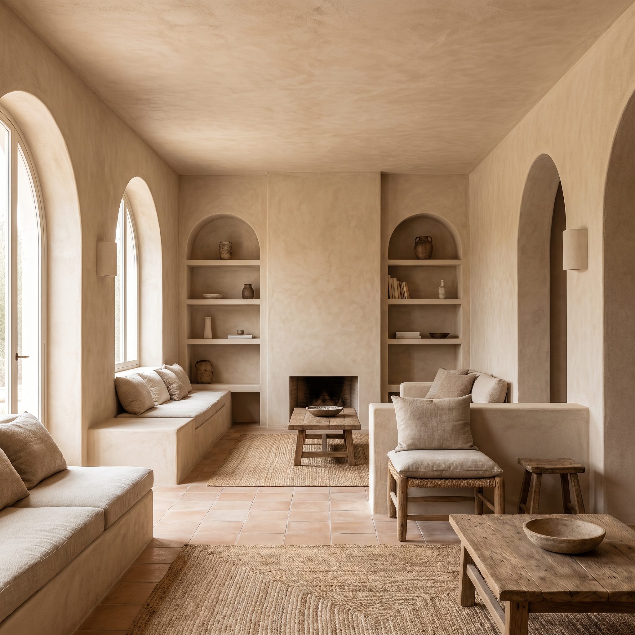 Living room in warm Venetian plaster across all walls, arched doorway, and fireplace with a linen sofa and travertine table.
