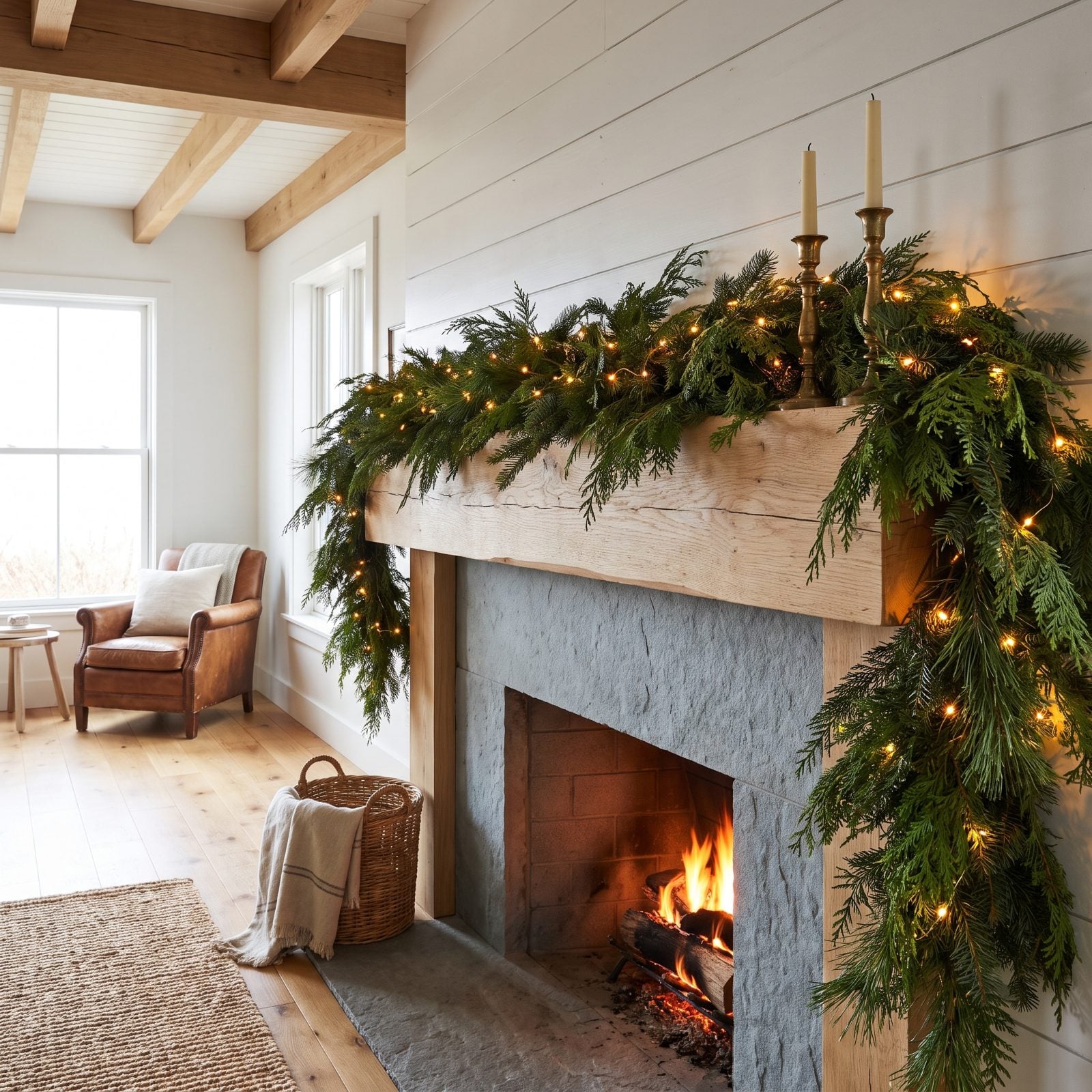 Warm White Lights Woven Through a Cedar Mantel Garland