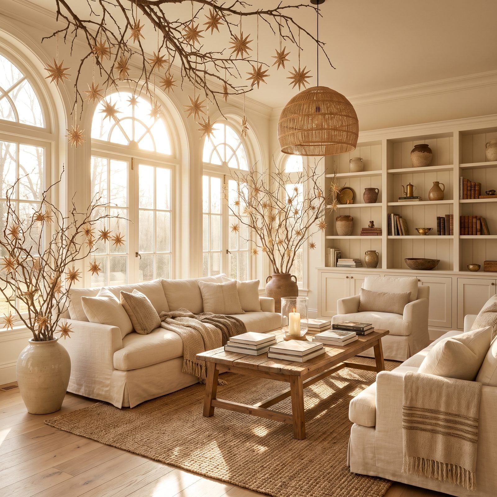 A Warm-White Sunroom Filled with Bare Branches and Stars