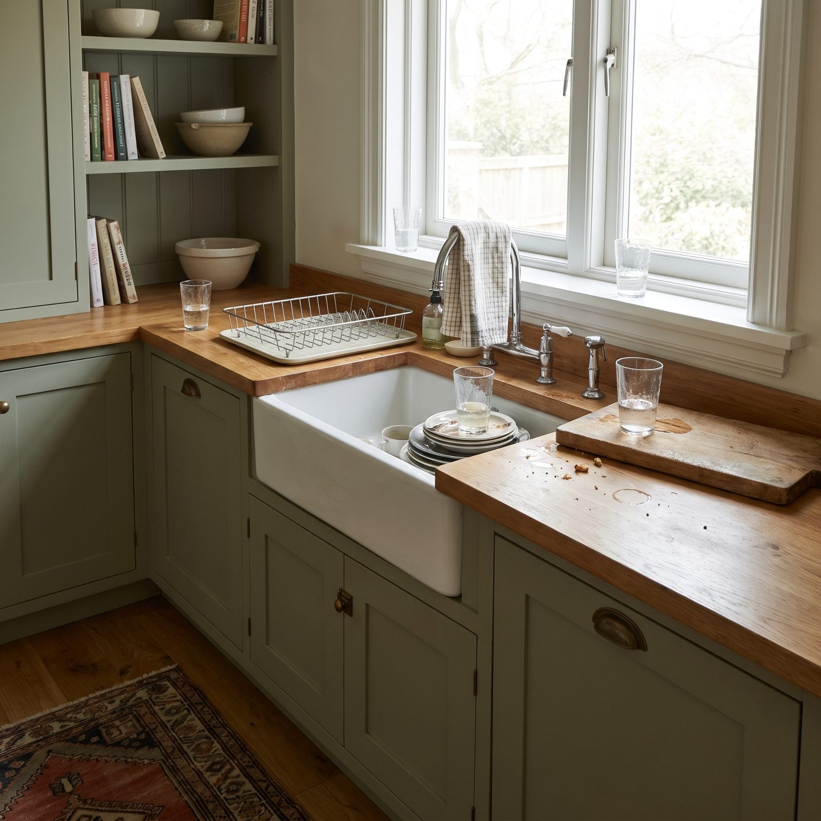 Kitchen counter and sink area with four different drinking glasses placed at separate spots, including a child's plastic cup.