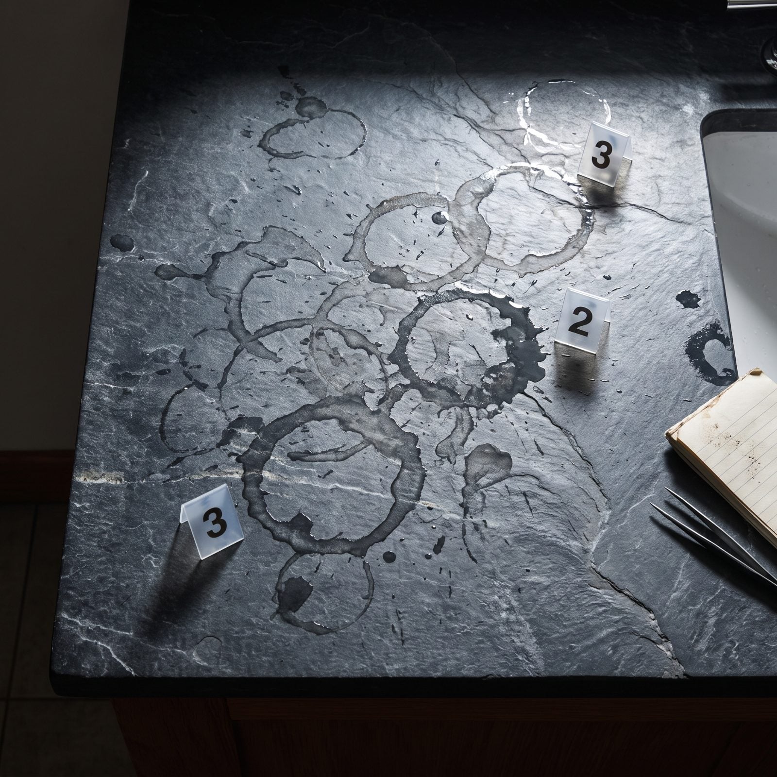 Dark bathroom countertop with a water glass sitting inside a faint ring of droplets to the left of the faucet, the right