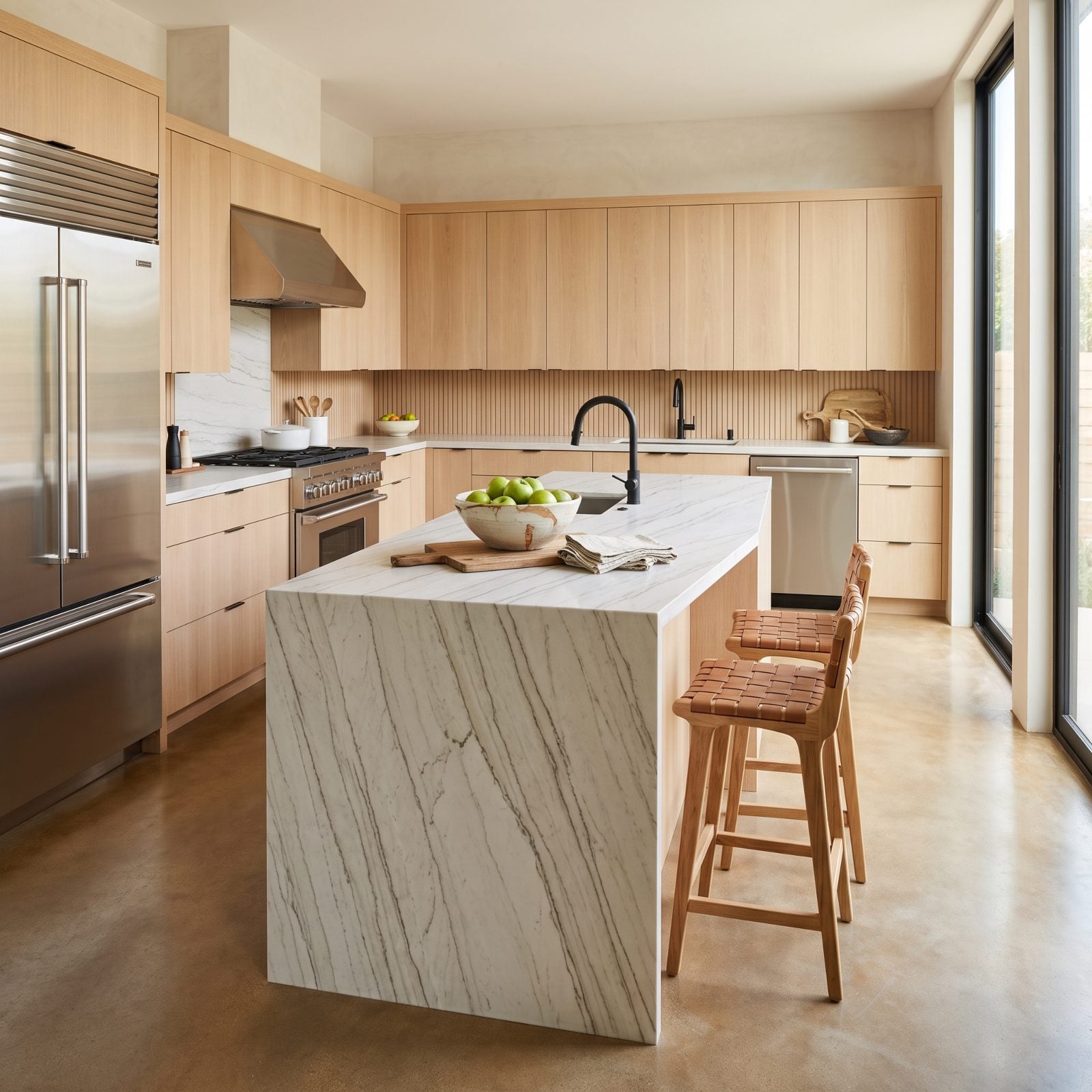 California modern kitchen where the waterfall island's veining runs horizontally down the side instead of continuing over