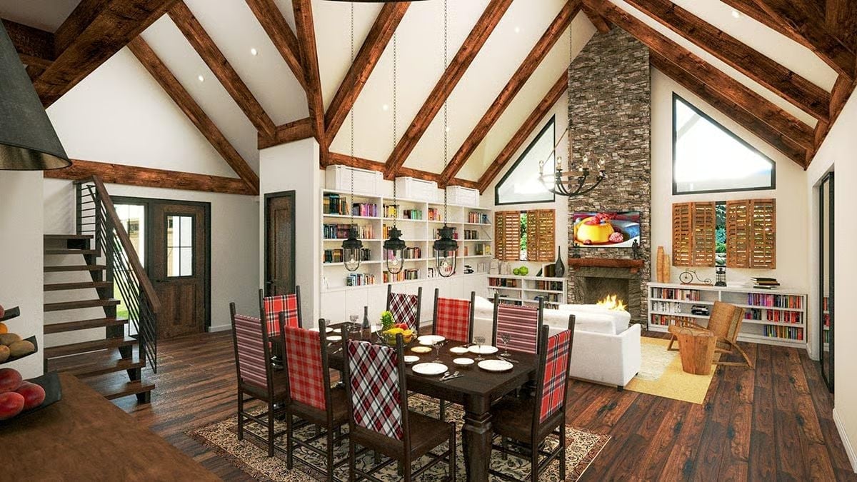Plaid Chairs Around a Dark Table Under Cathedral Beams Built for Staying Put