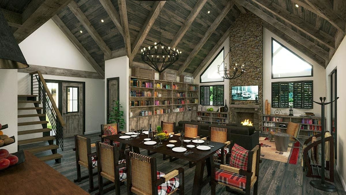 Wicker Chairs, Plaid Cushions, and a Stone Fireplace That Earns the Room