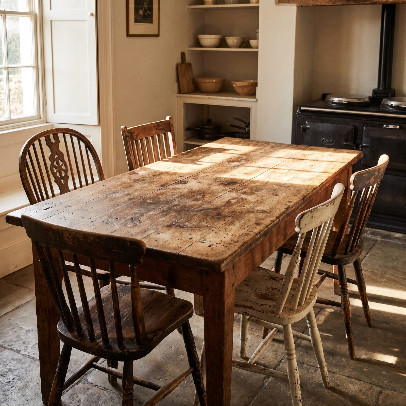 A Well-Worn Kitchen Table With Chairs
