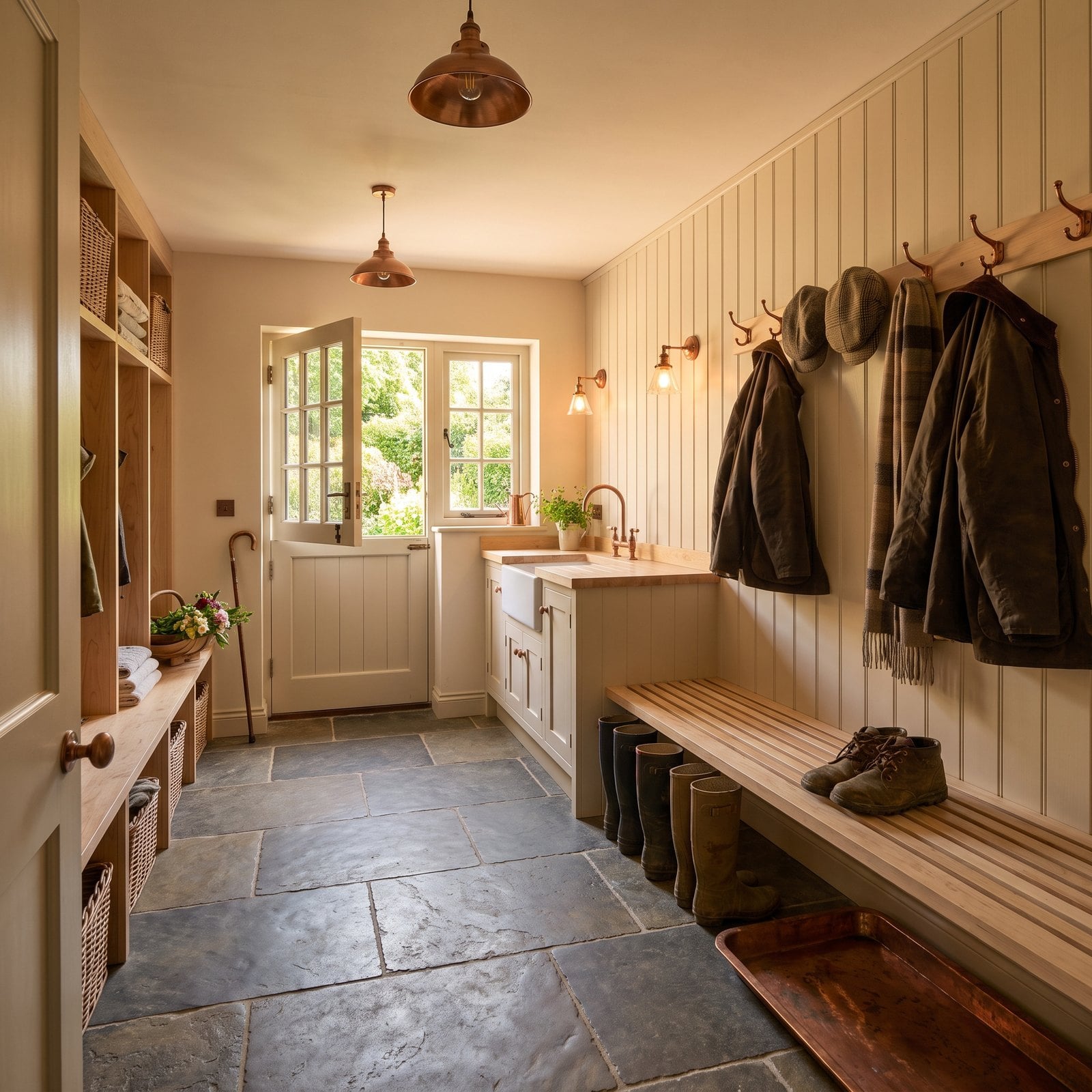 Wellies, a Copper Boot Tray and Flagstones in an English Country Boot Room