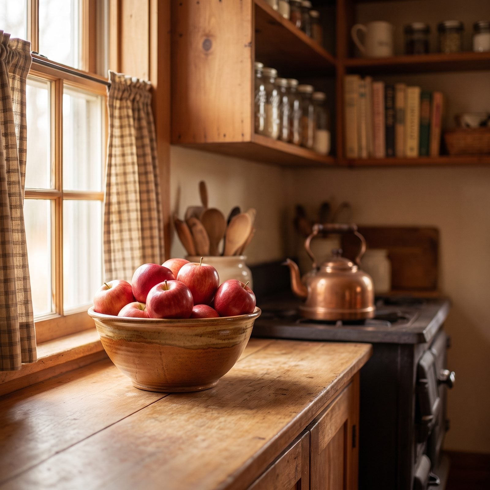 Kitchen counter with a ceramic bowl of oranges, lemons, and bananas in the center and a cutting board leaning behind it.