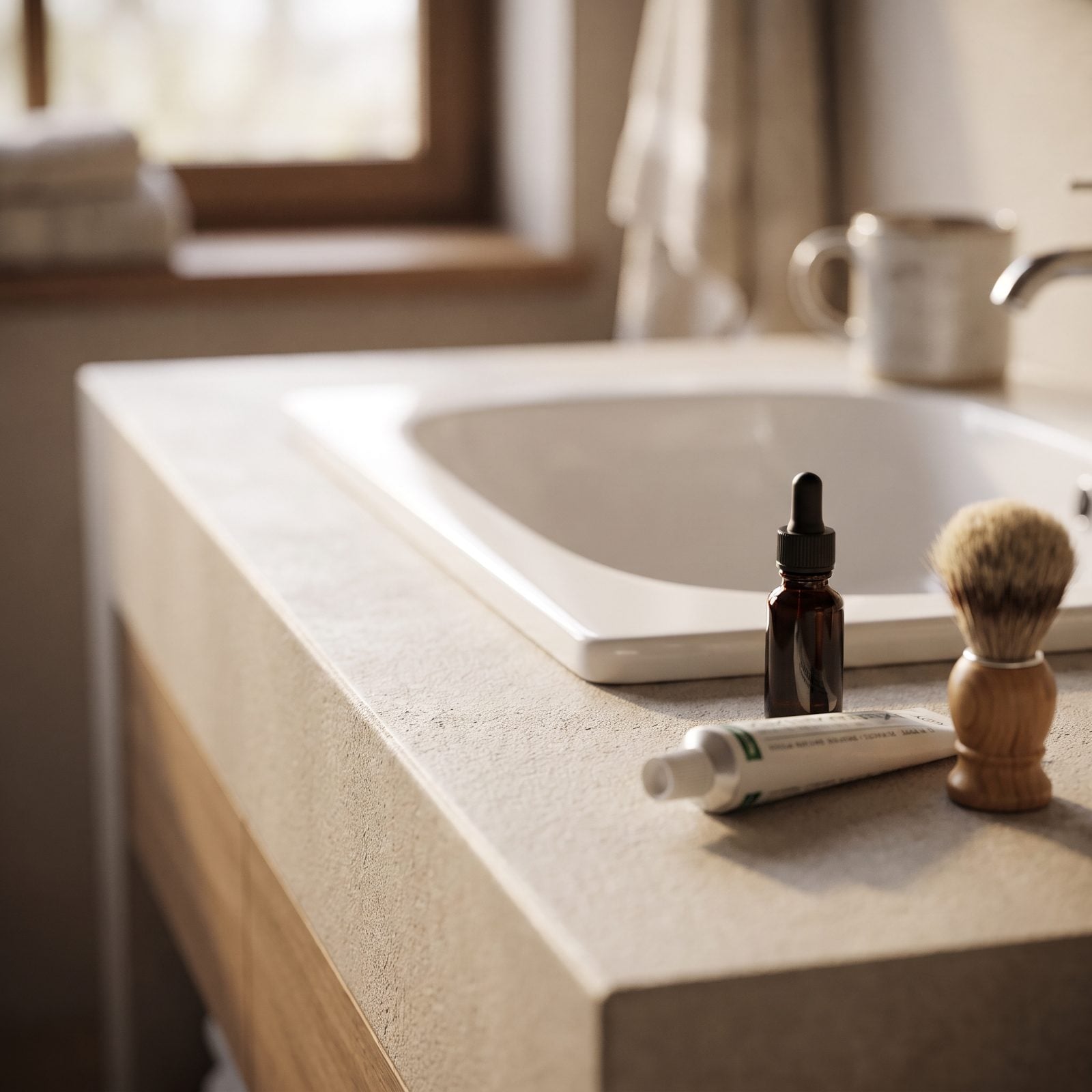 Bathroom vanity with a toothbrush, one serum bottle, toothpaste, and a hair tie lined up closest to the sink.