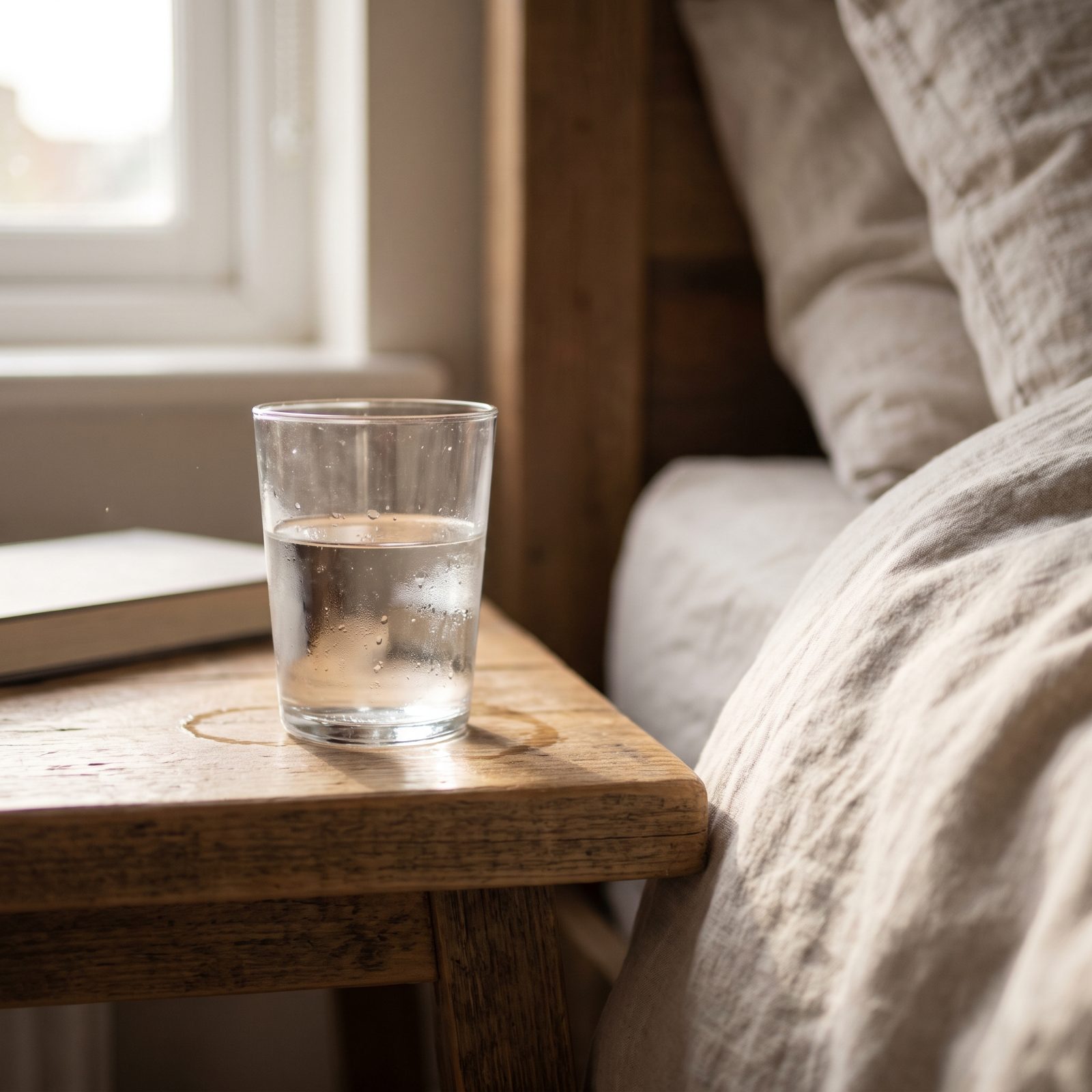 Bedroom nightstand with a partly full glass of water leaving a condensation ring beside a lamp.