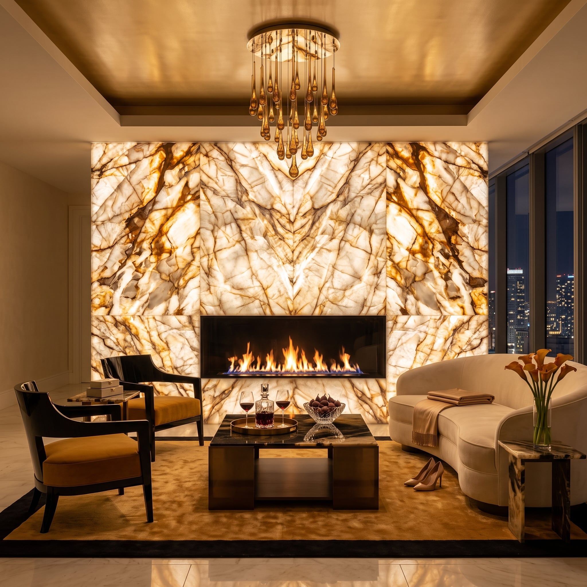 Backlit amber onyx fireplace wall with linear fire