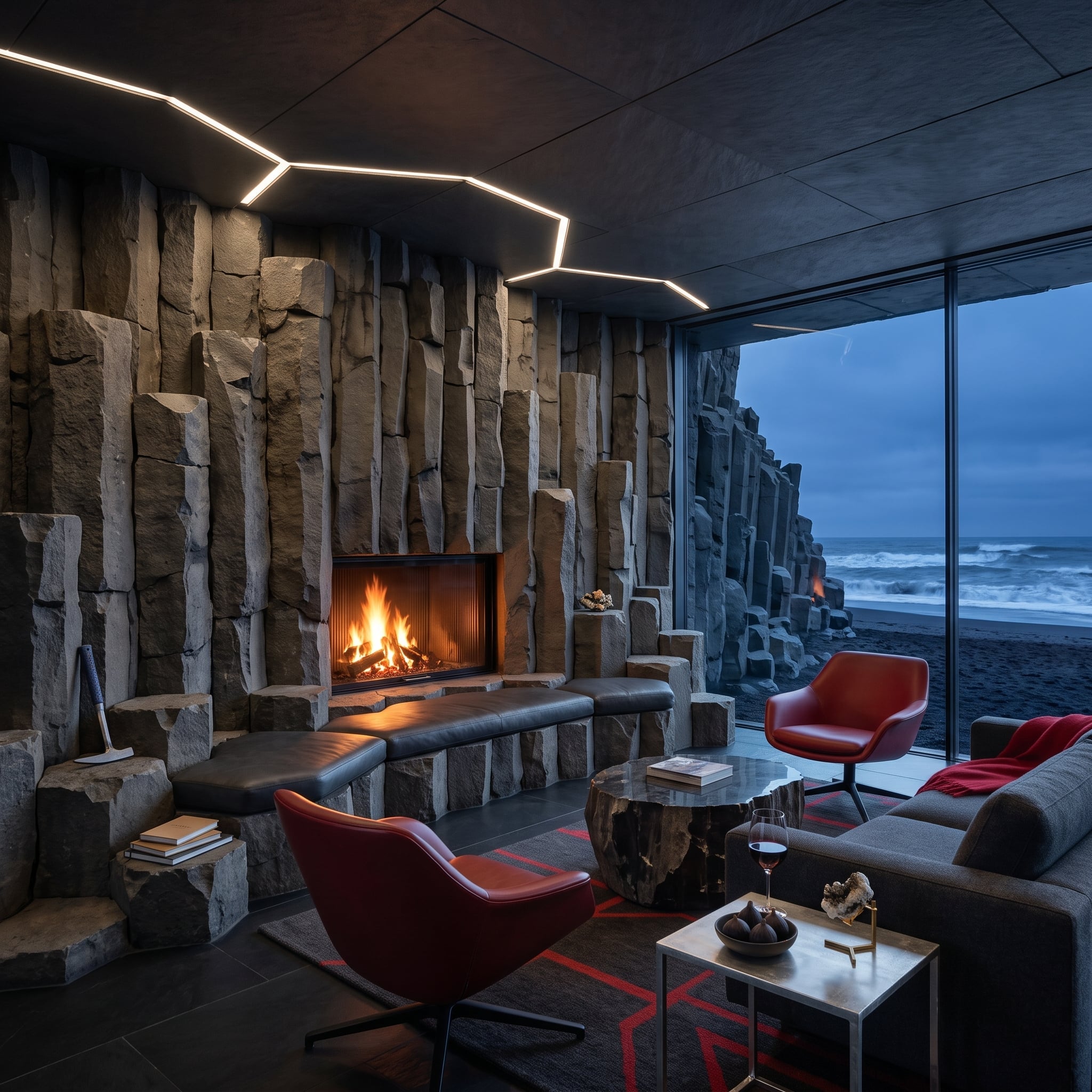 Floor-to-ceiling basalt fireplace wall with red leather chairs