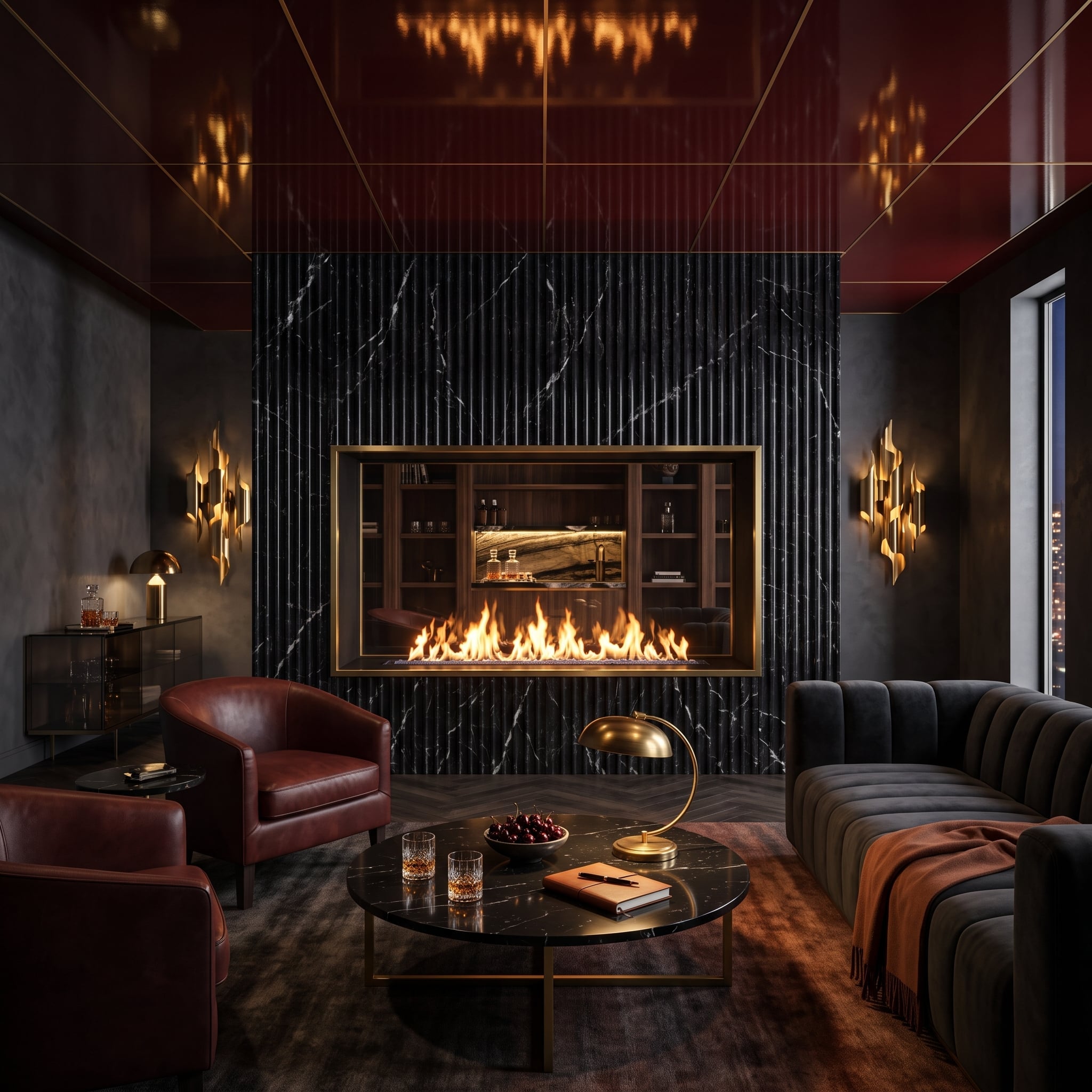 Nero Marquina marble fireplace wall with recessed walnut bar