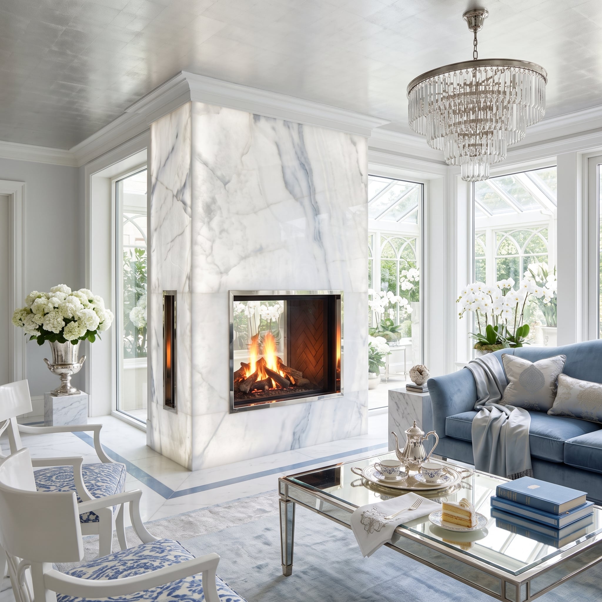 Full-height Calacatta marble fireplace tower with see-through firebox