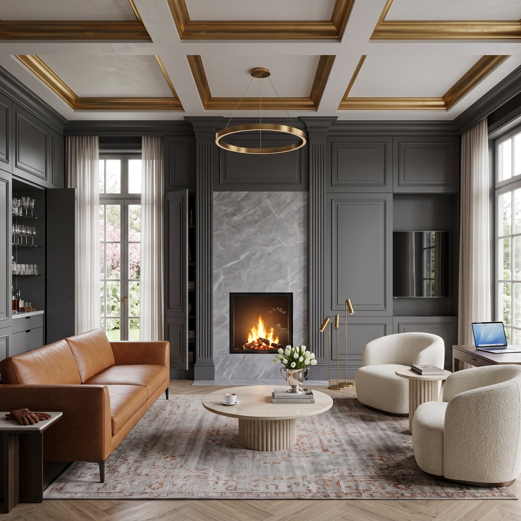 Gray paneled living room with marble fireplace and gold-trimmed coffered ceiling