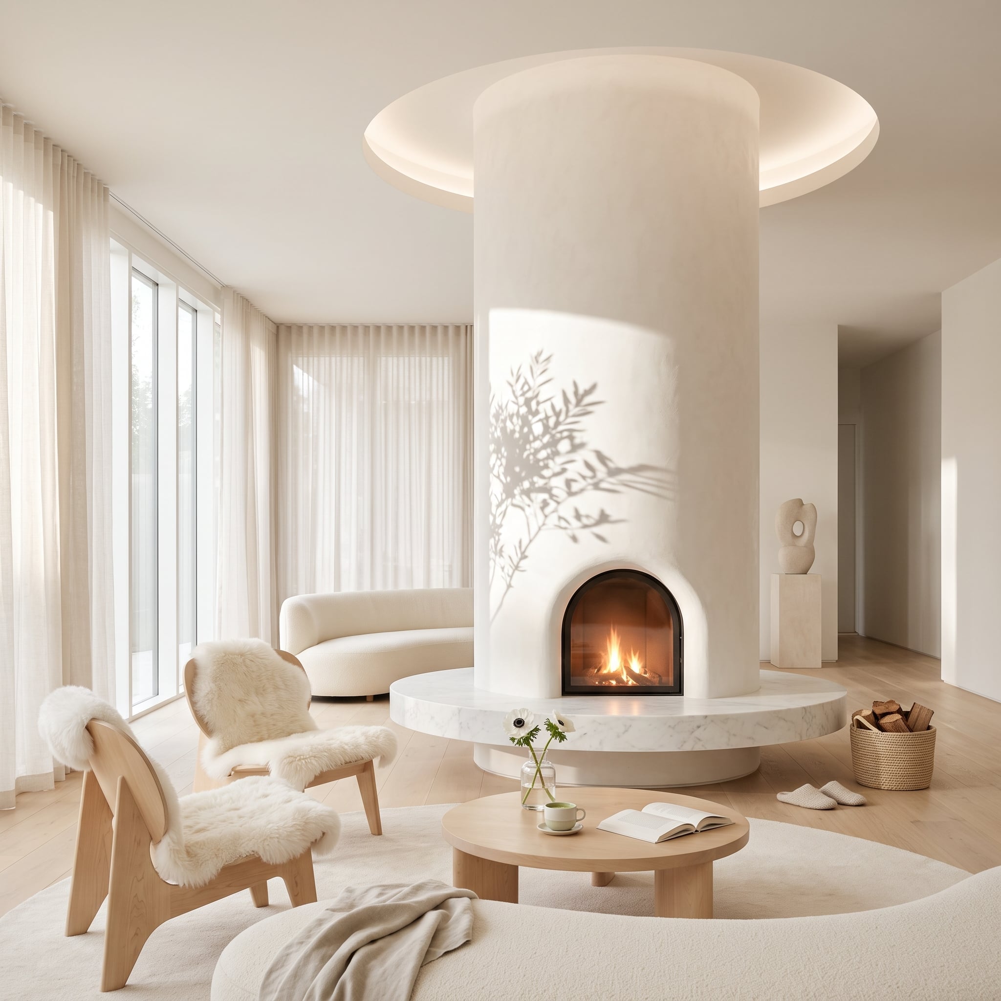 Cylindrical white plaster fireplace rising into an illuminated ceiling oculus