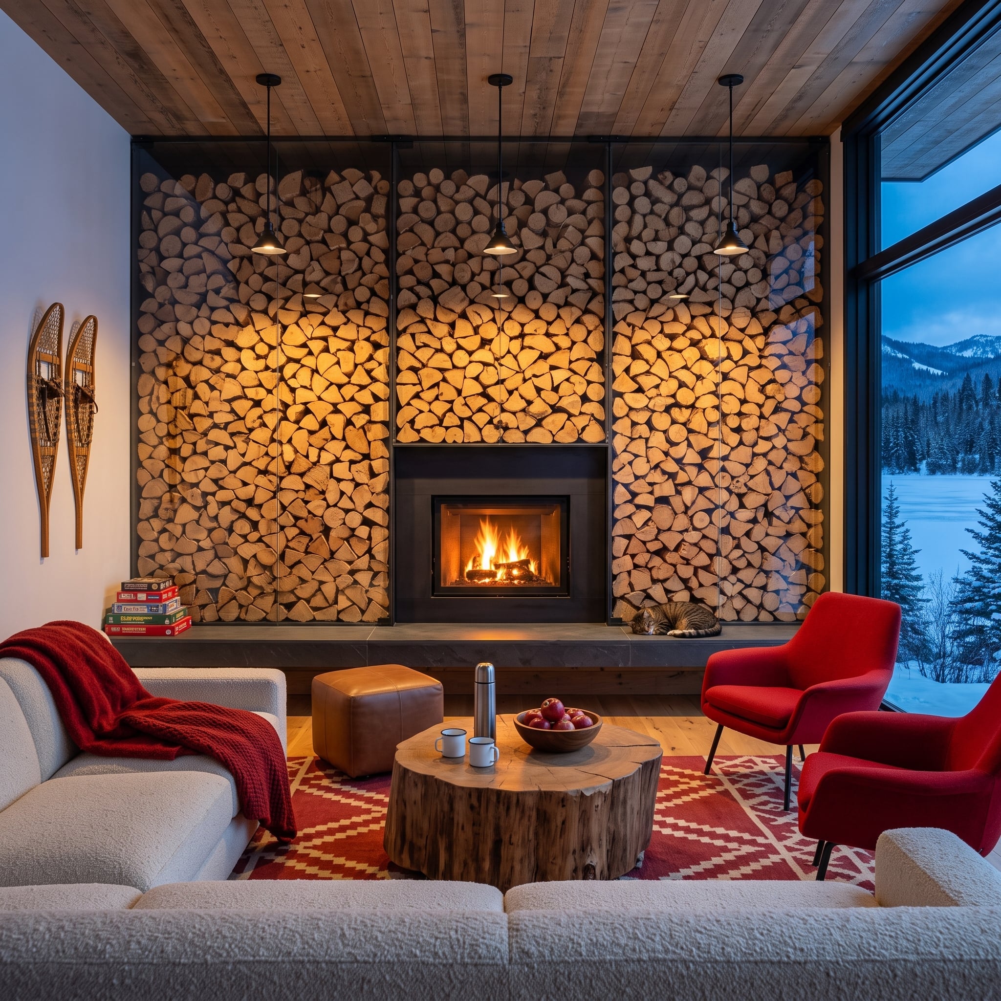 Floor-to-ceiling firewood wall surrounding a recessed fireplace