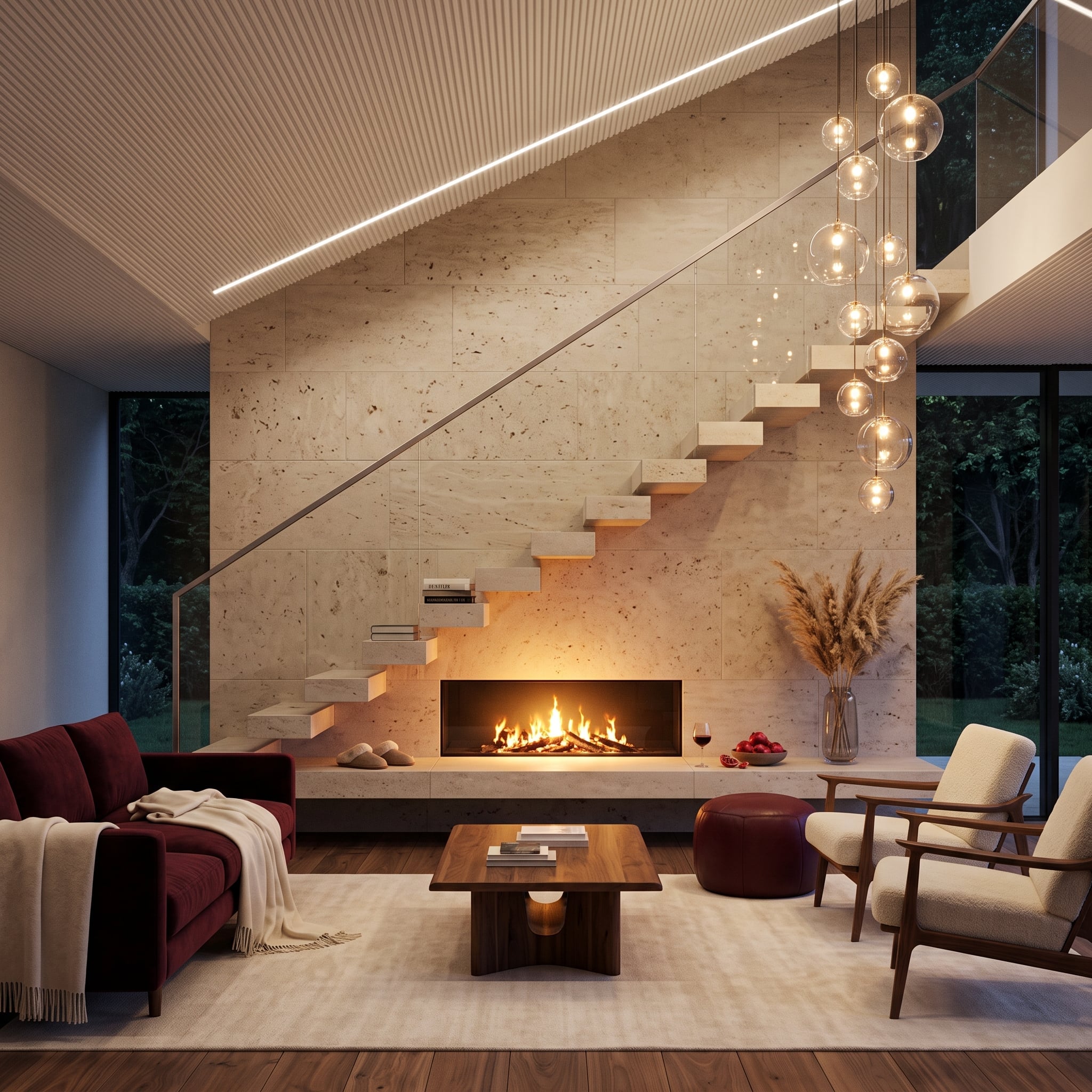 Full-height travertine fireplace wall with cantilevered matching staircase