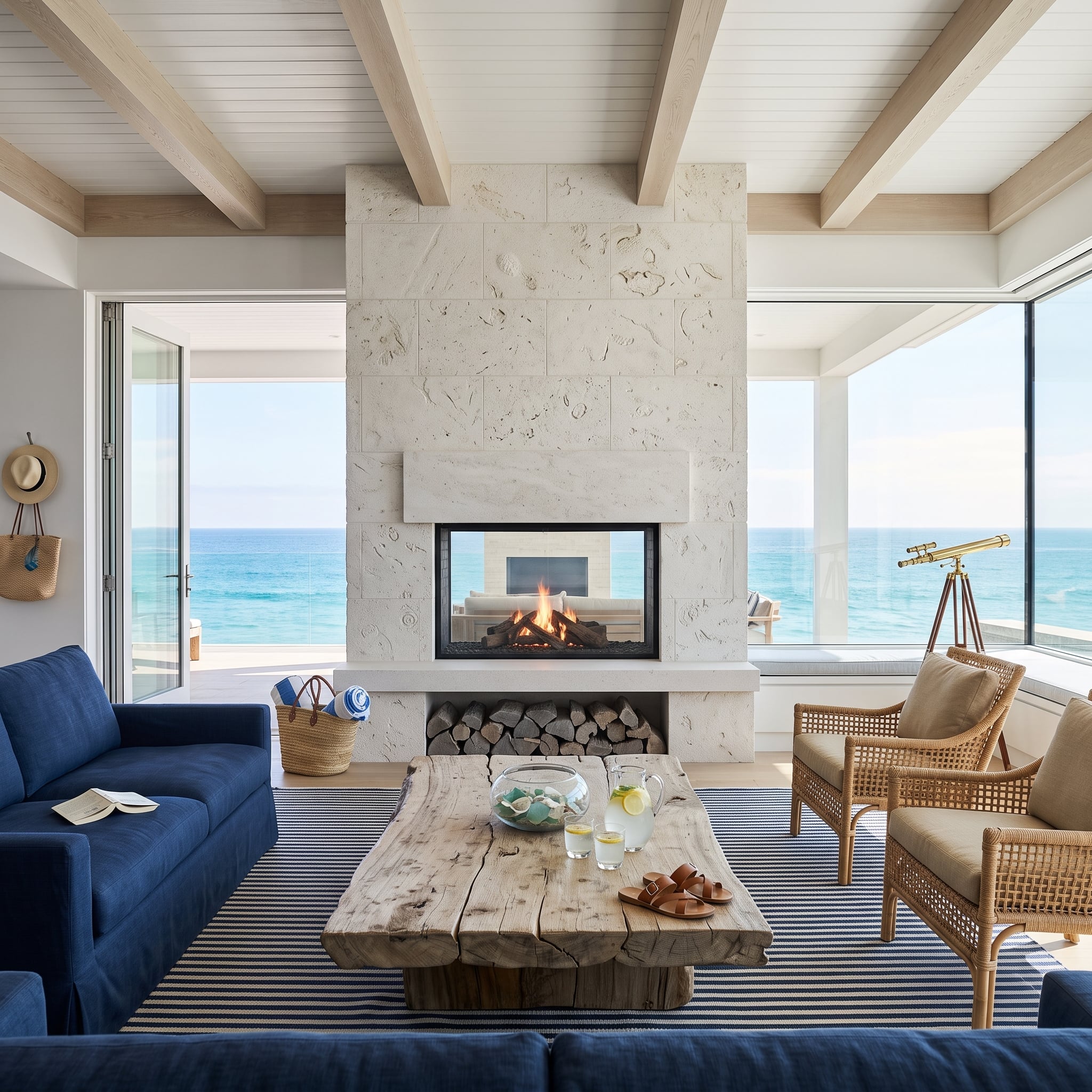Fossil-pattern stone fireplace with see-through firebox and ocean view