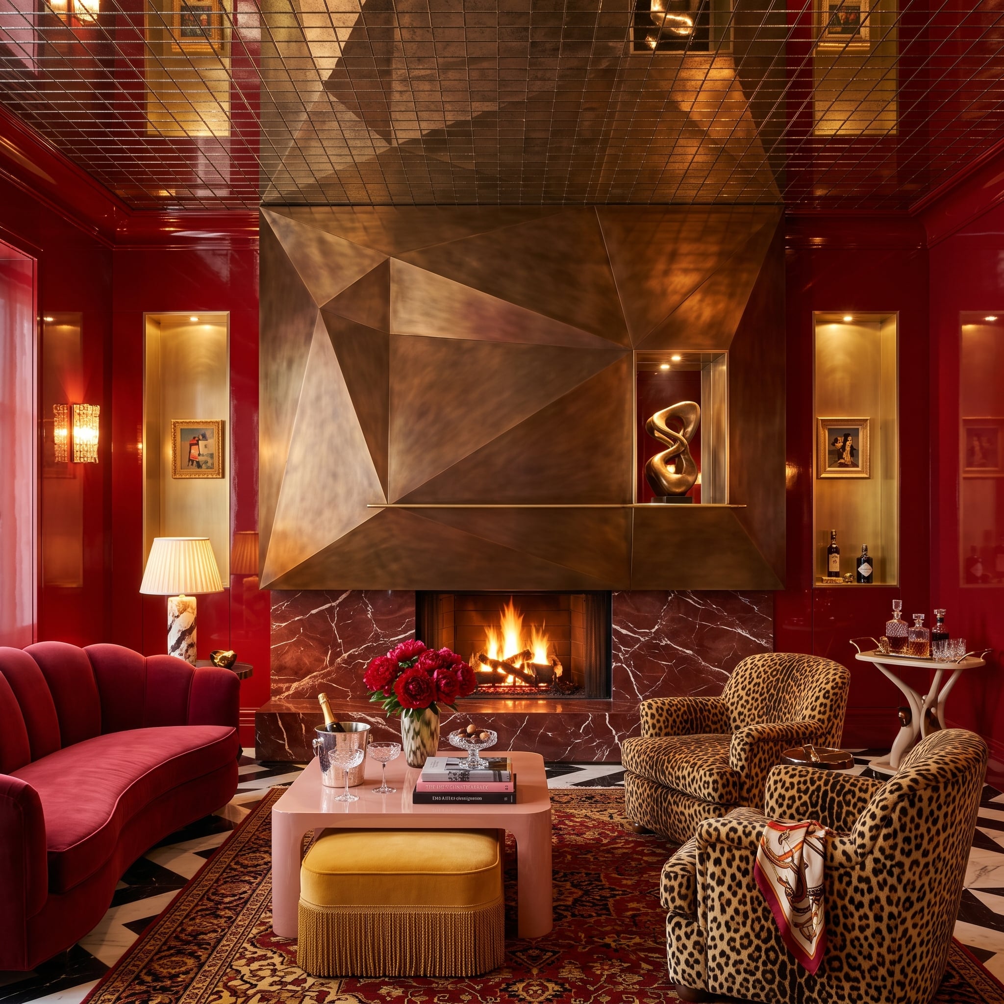 Faceted bronze fireplace hood in a crimson lacquered living room