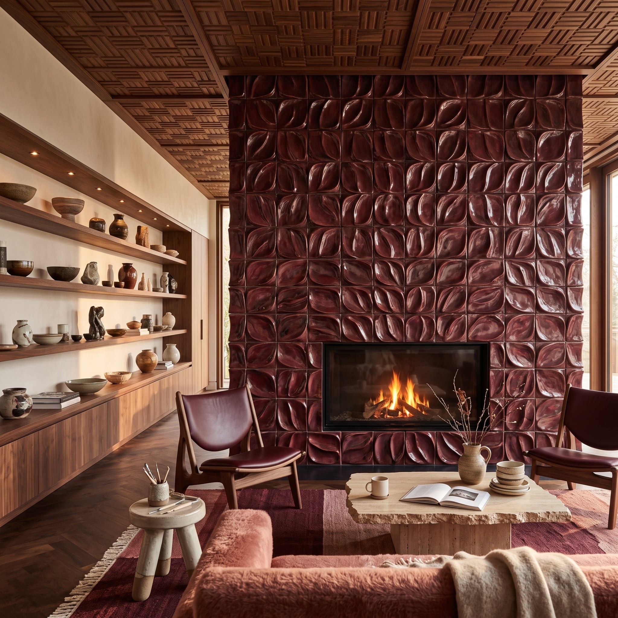 Burgundy glazed relief tile covering a full-height fireplace wall