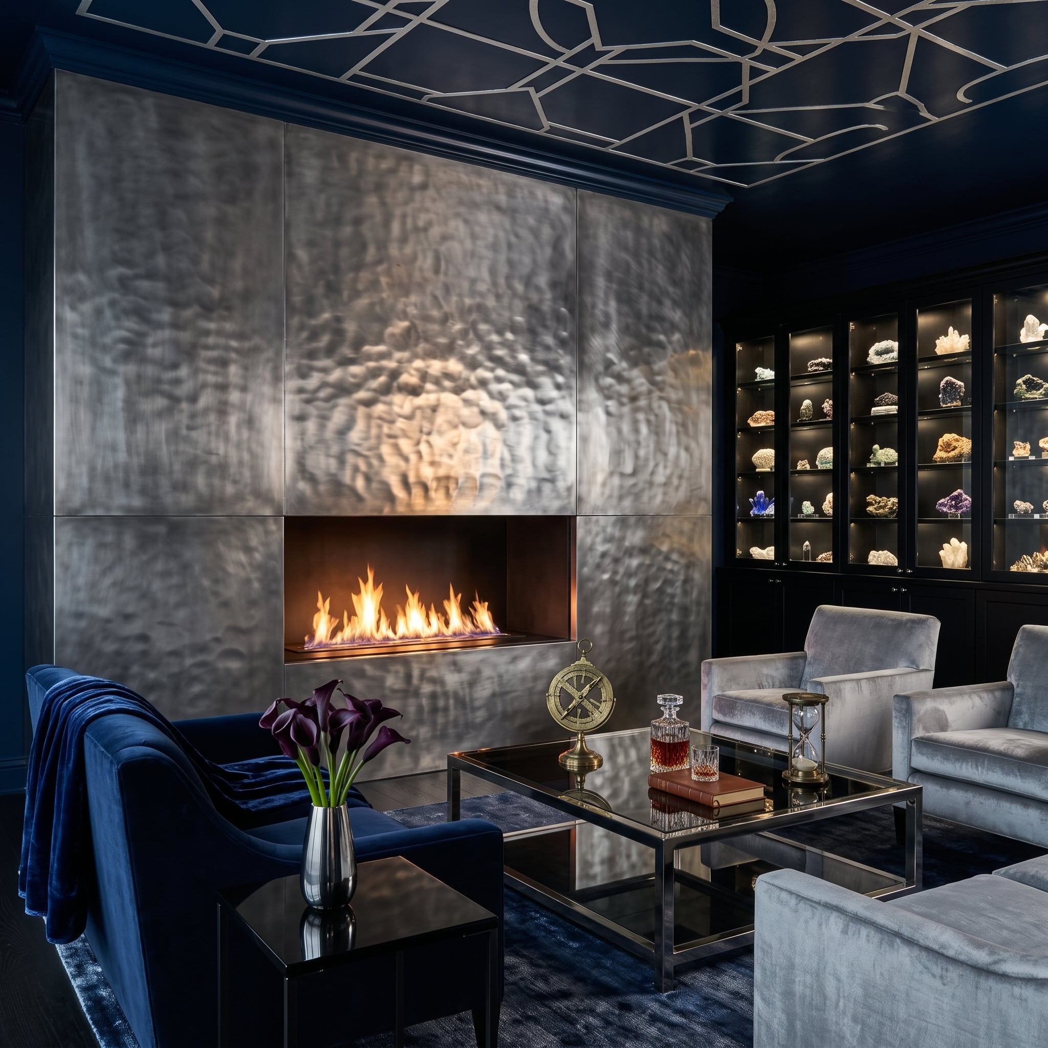 Hammered steel fireplace wall in a dark navy living room