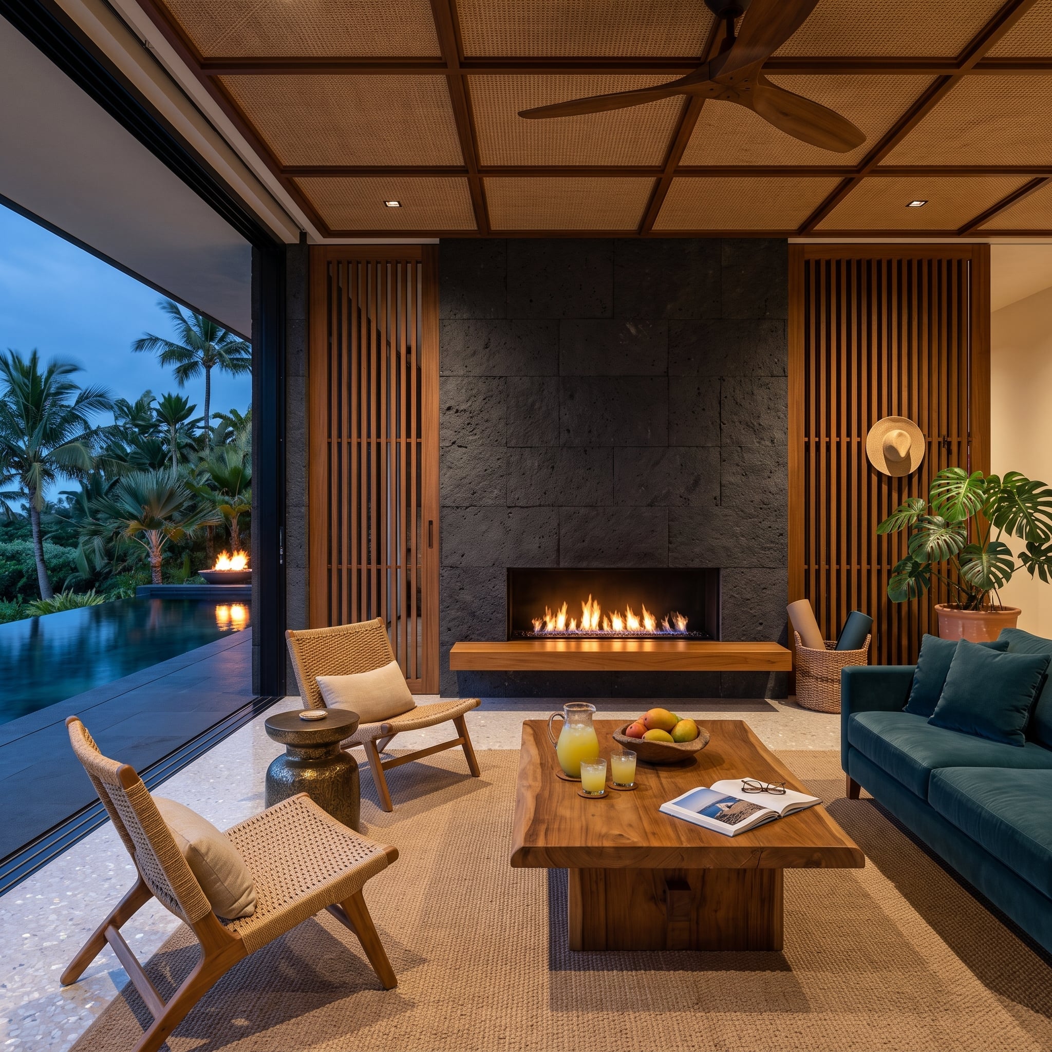Dark lava-stone fireplace wall with teak slats beside an infinity pool