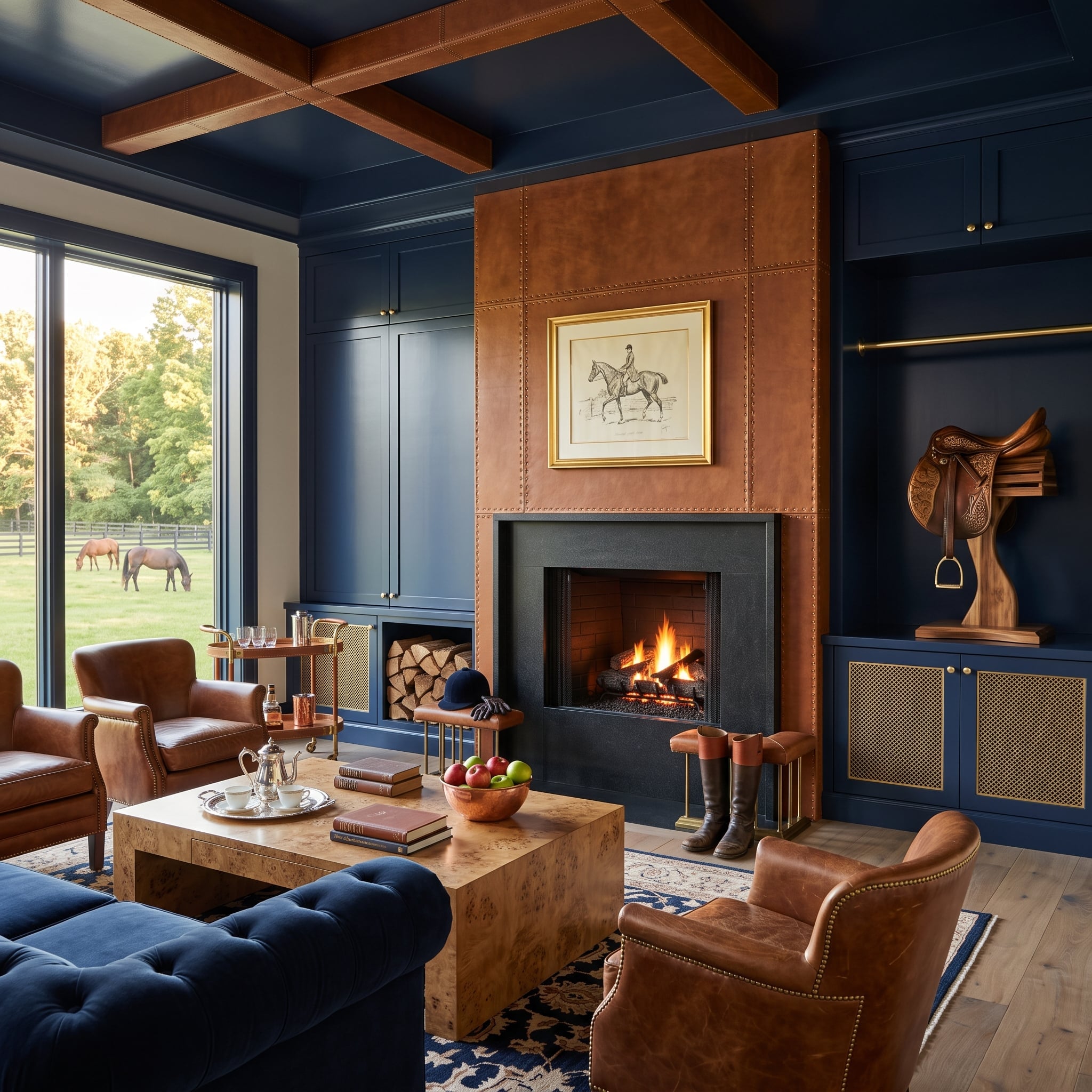 Saddle-brown leather-paneled fireplace wall with navy millwork
