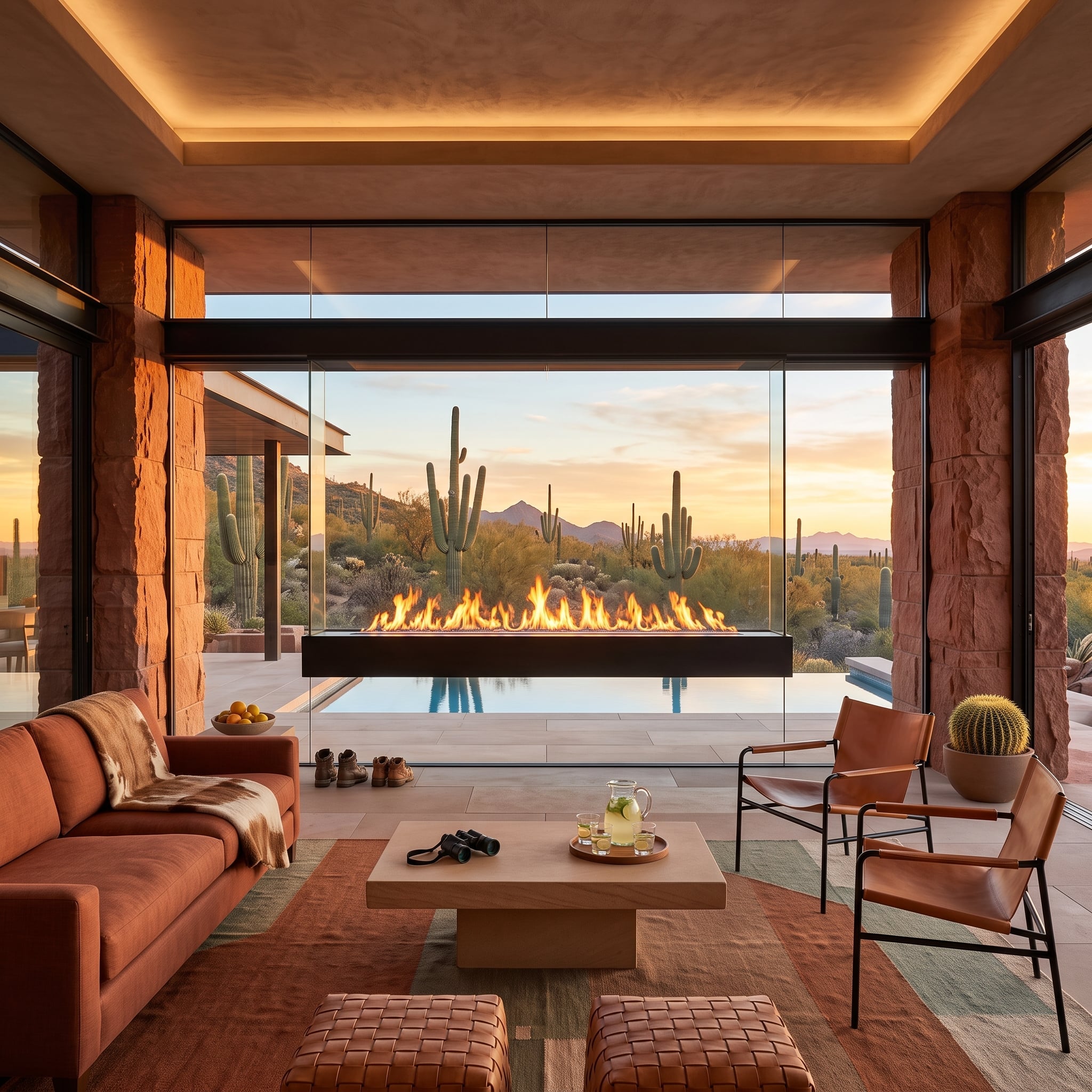 Linear fireplace between red sandstone columns overlooking desert with saguaro cacti