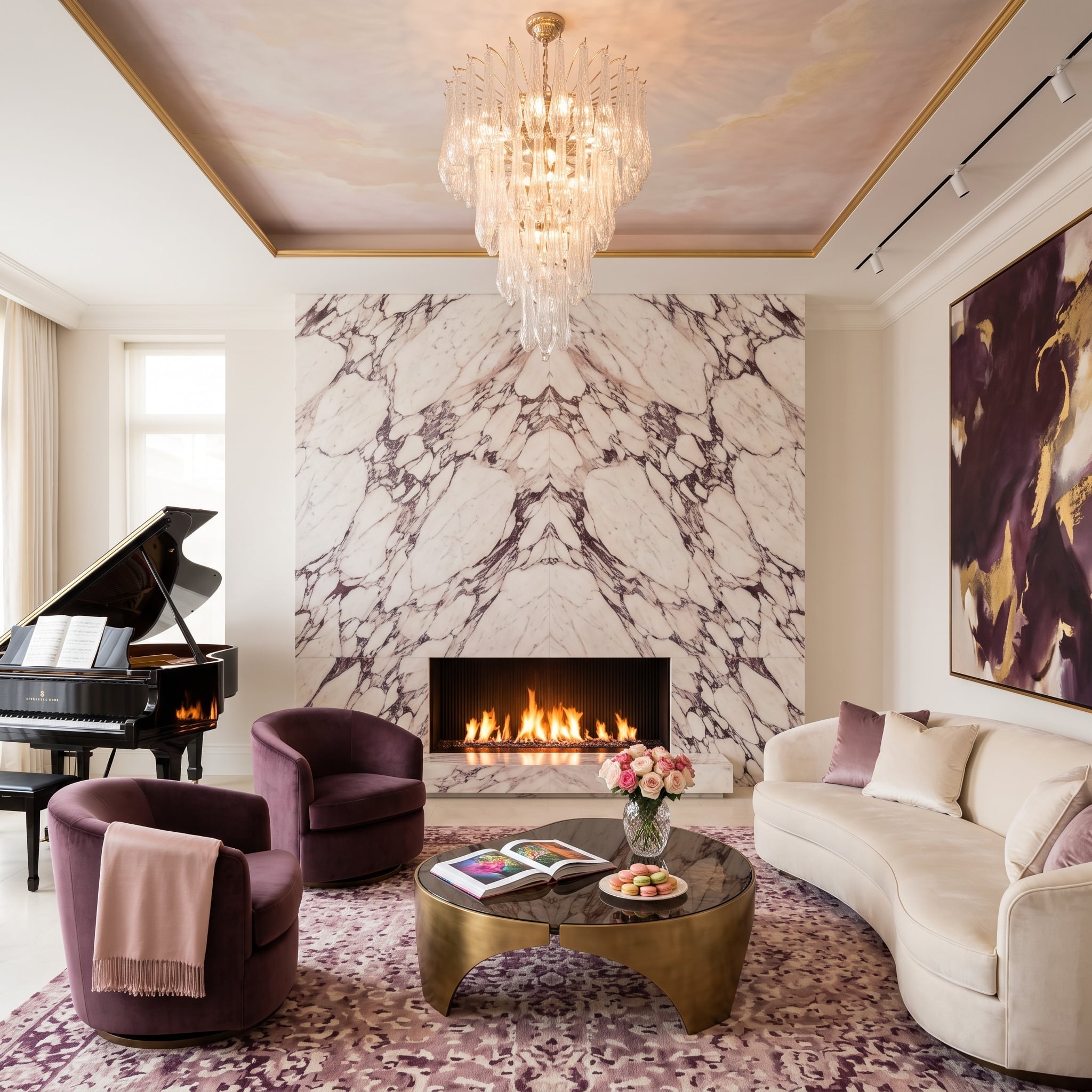 Bookmatched Arabescato marble fireplace wall with mirrored veining