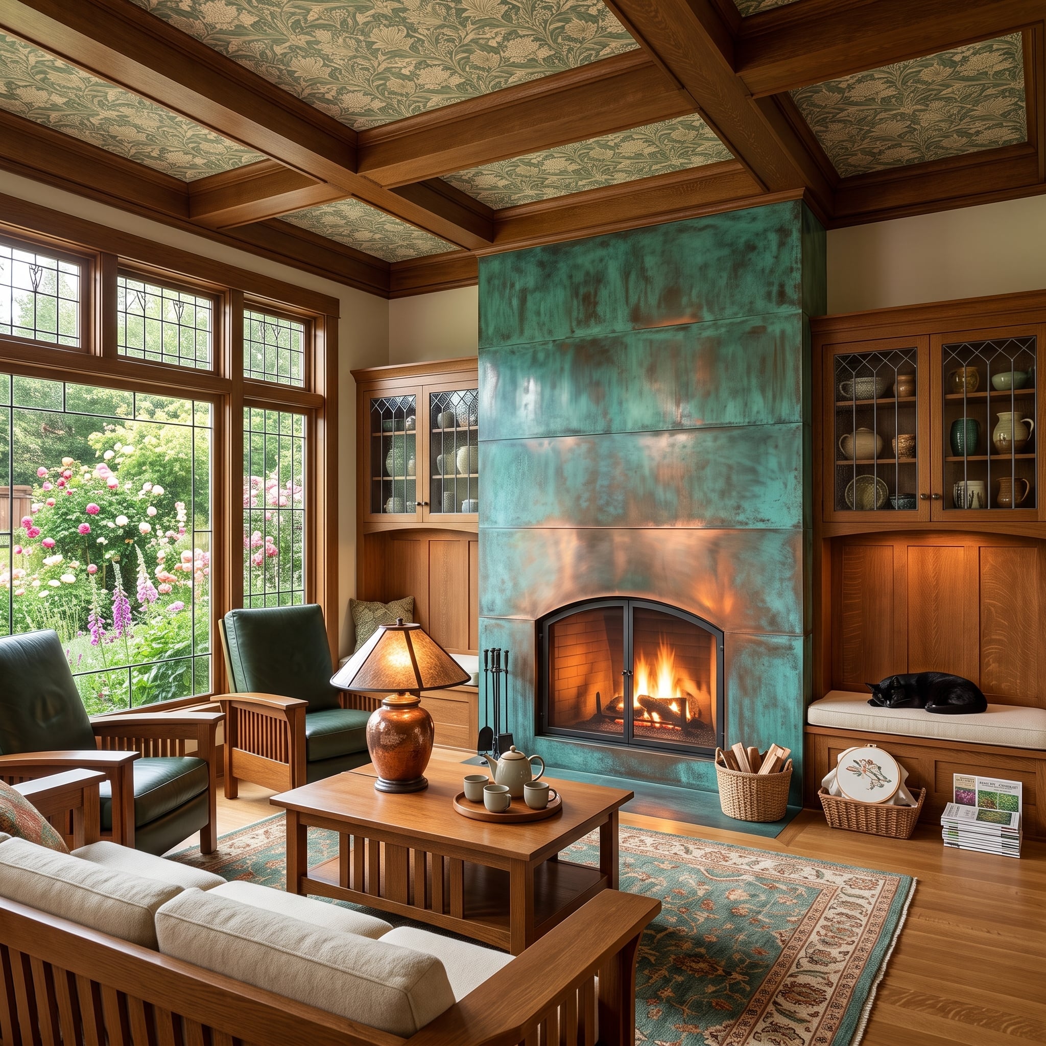 Verdigris copper fireplace panels in an Arts and Crafts living room