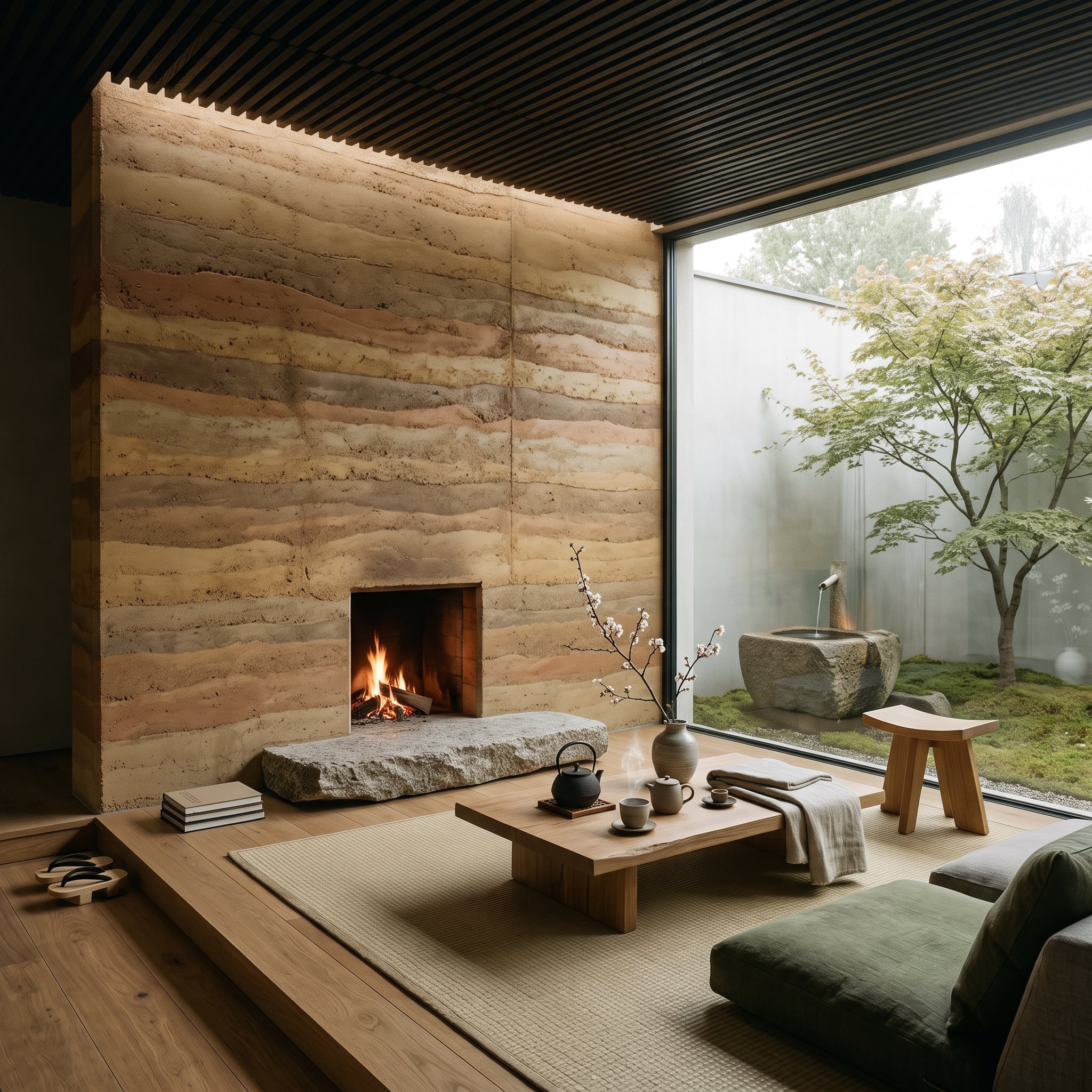 Layered rammed-earth fireplace wall beside a moss garden