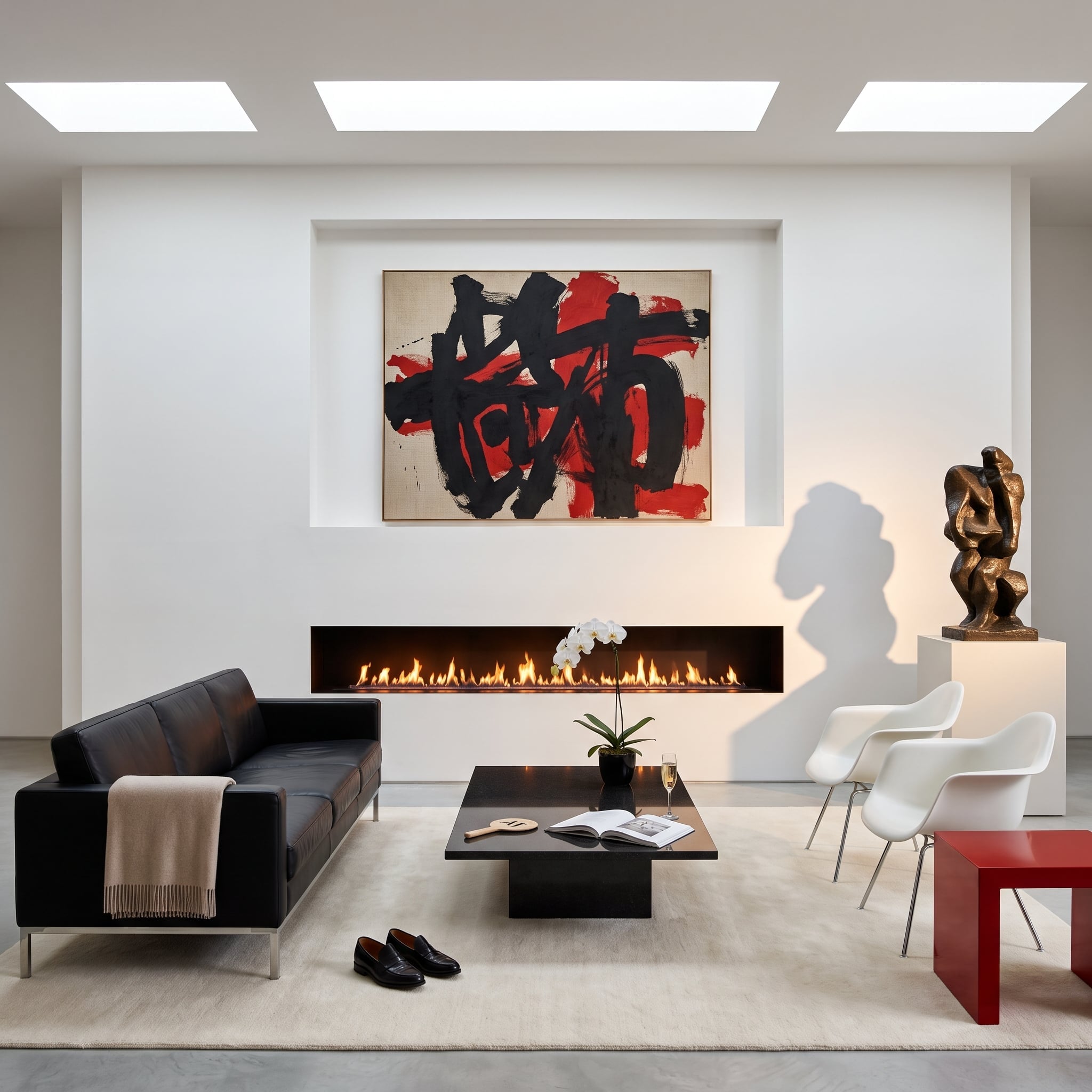 Long linear fireplace recessed into a minimalist white plaster wall