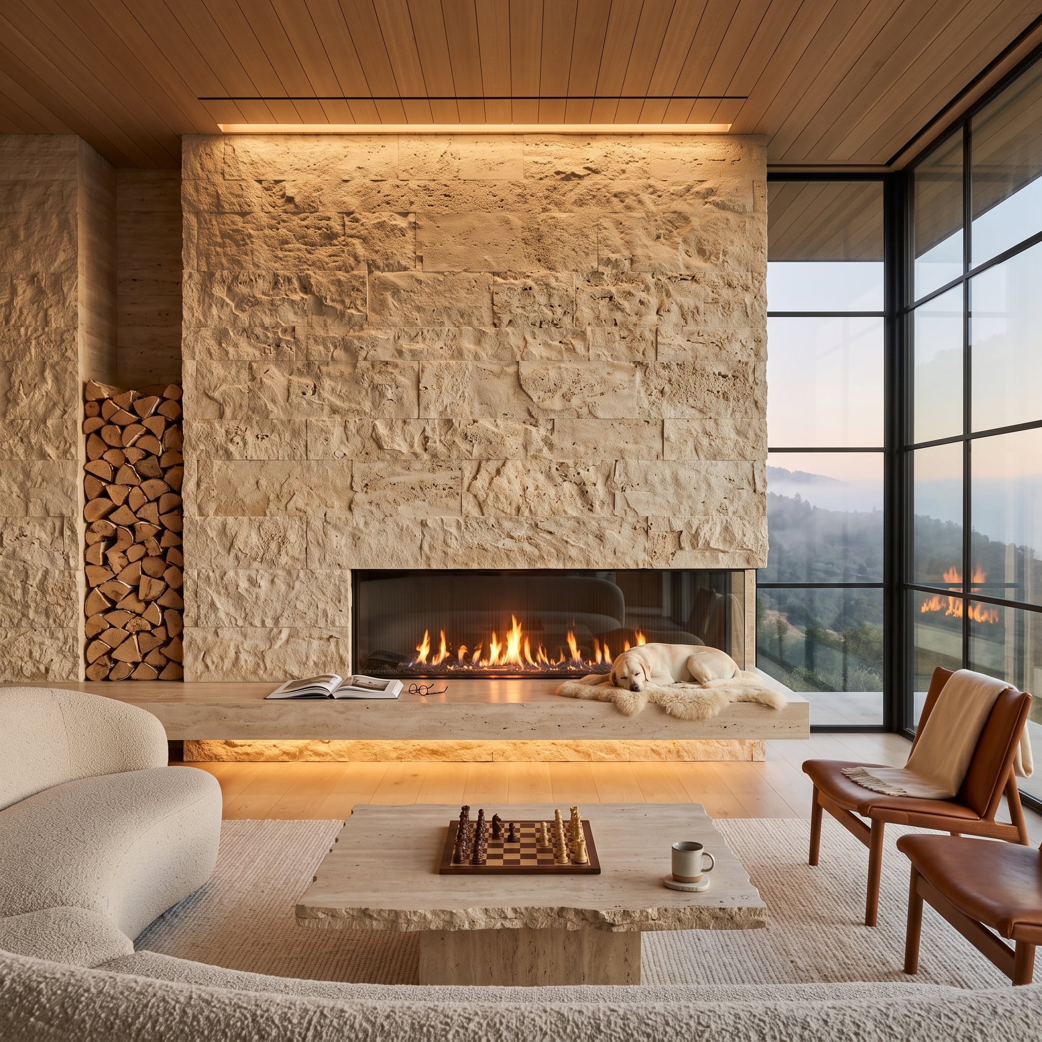 Rough limestone fireplace wall with broad travertine hearth and integrated firewood niche