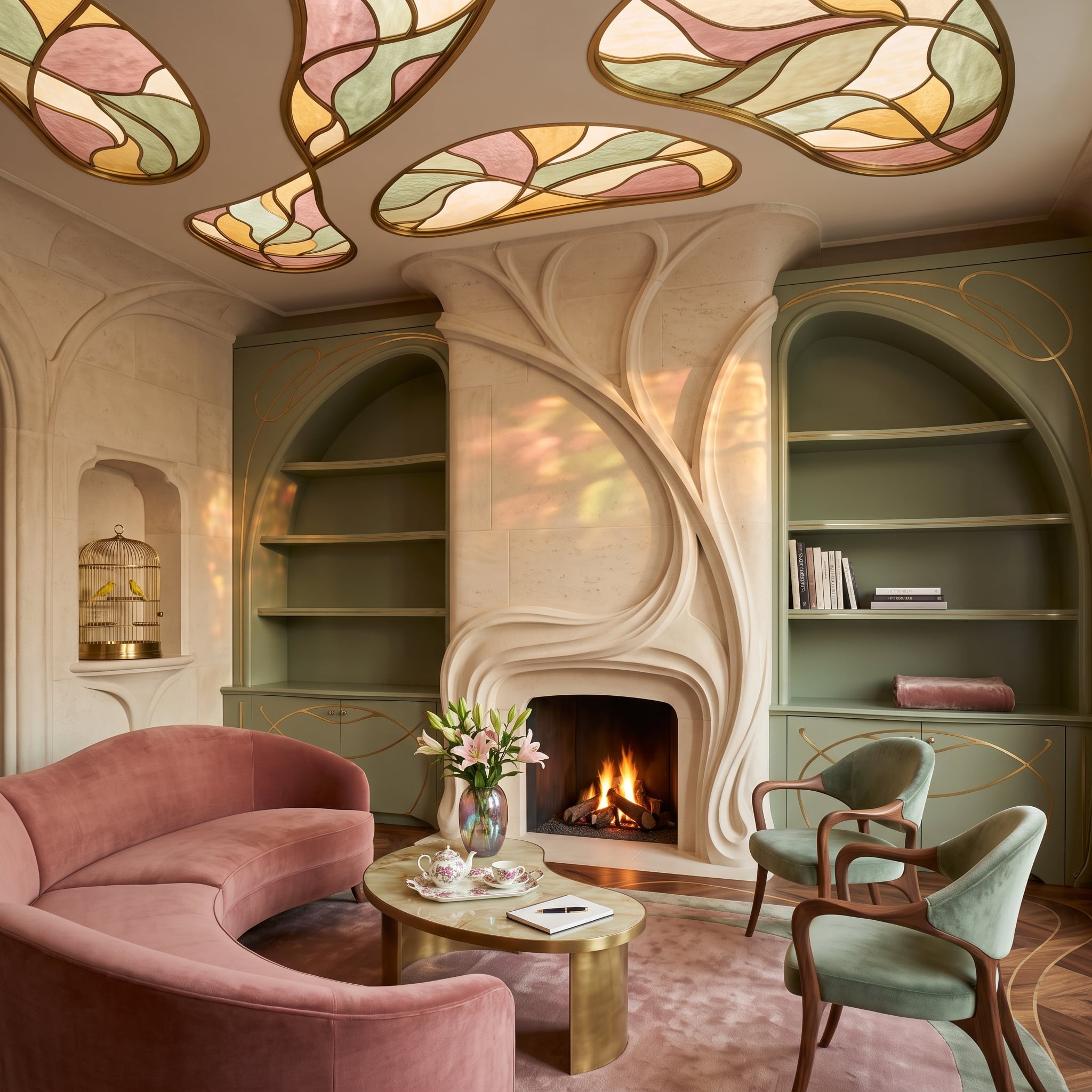 Organic sculpted plaster fireplace beneath stained-glass ceiling panels