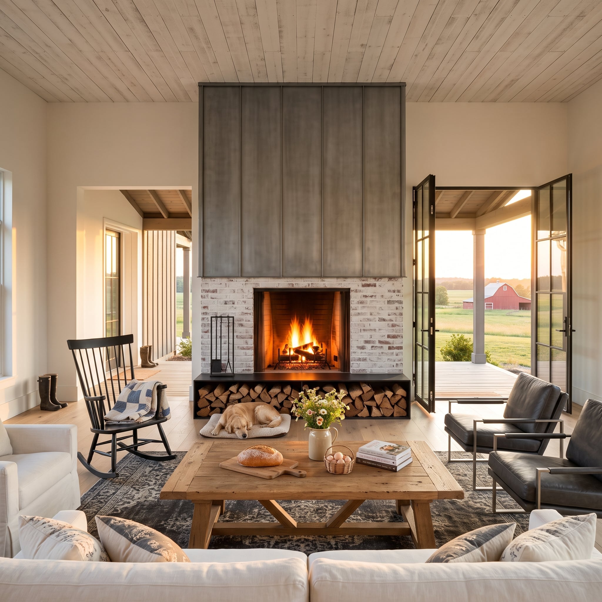 Whitewashed brick fireplace with tall raw-steel hood and integrated log shelf