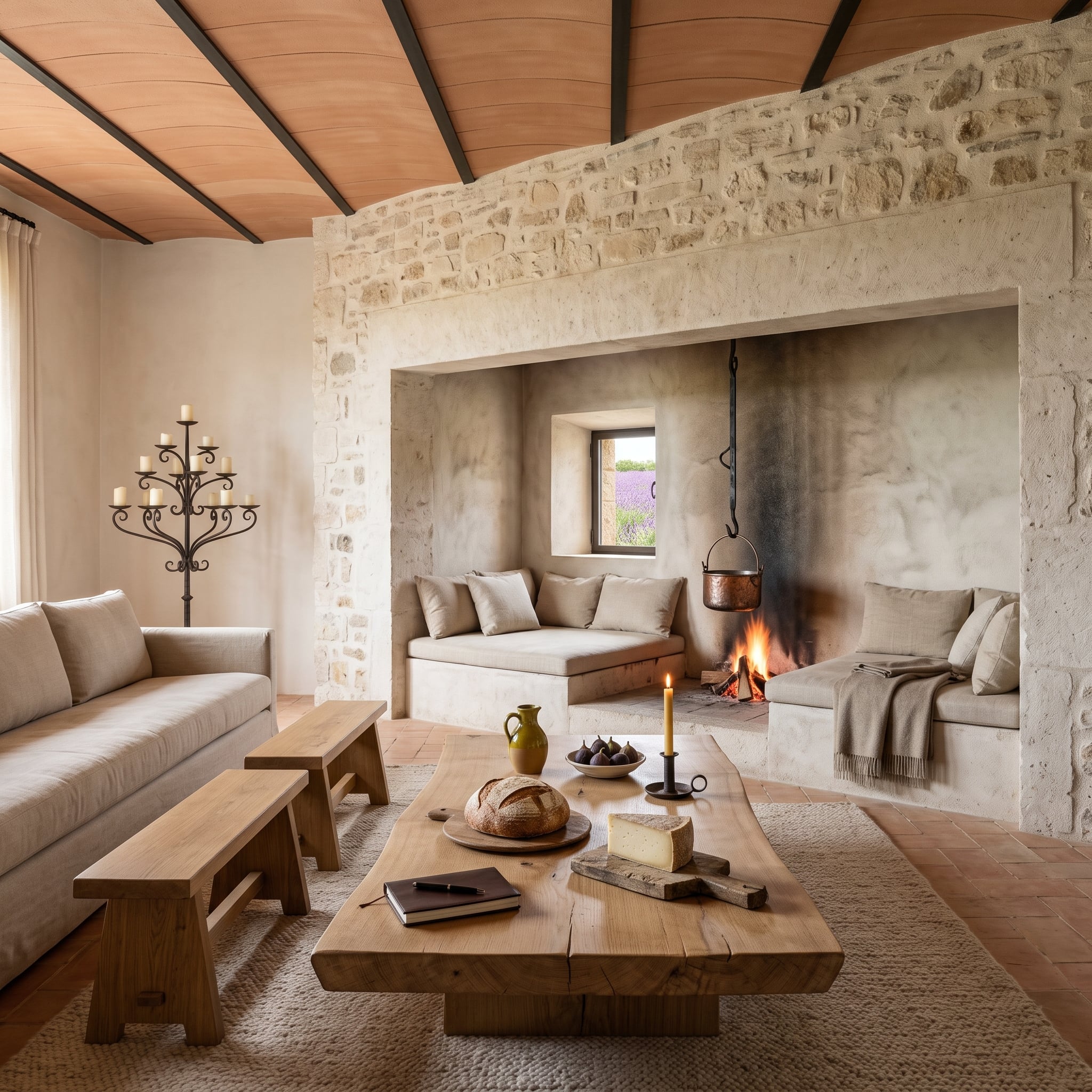 Deep stone hearth alcove with built-in benches and copper pot crane