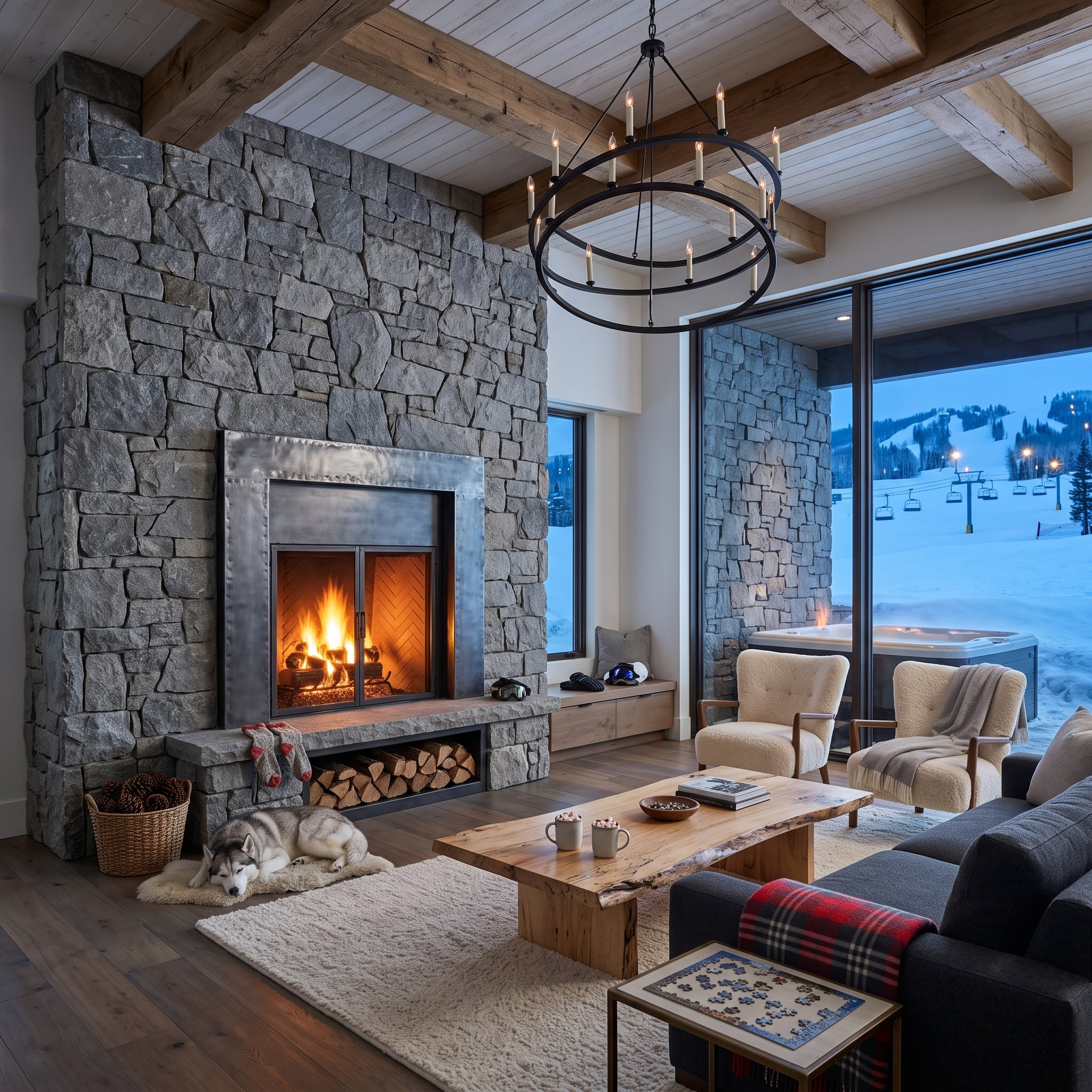 Full-height fieldstone fireplace in a mountain living room