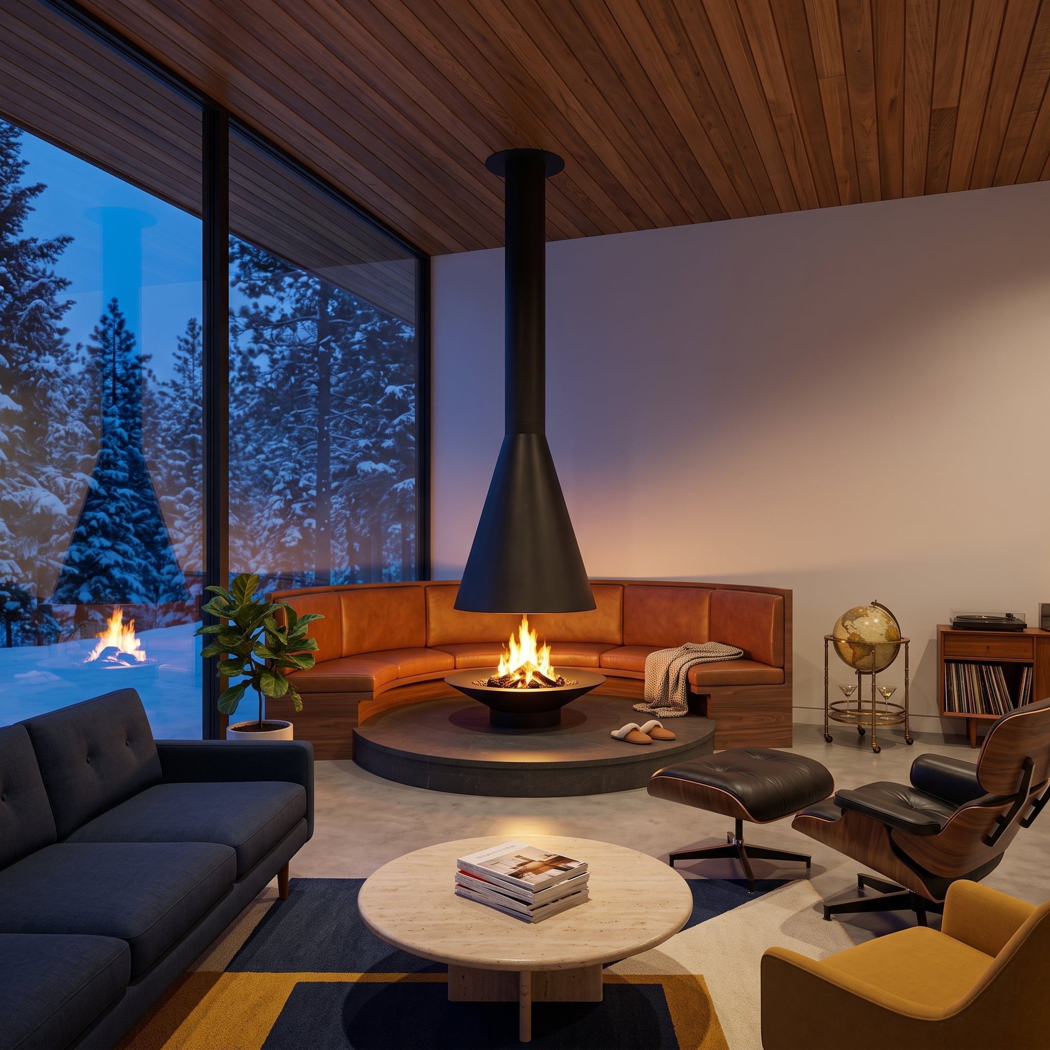 Suspended conical fireplace above a circular hearth and curved banquette