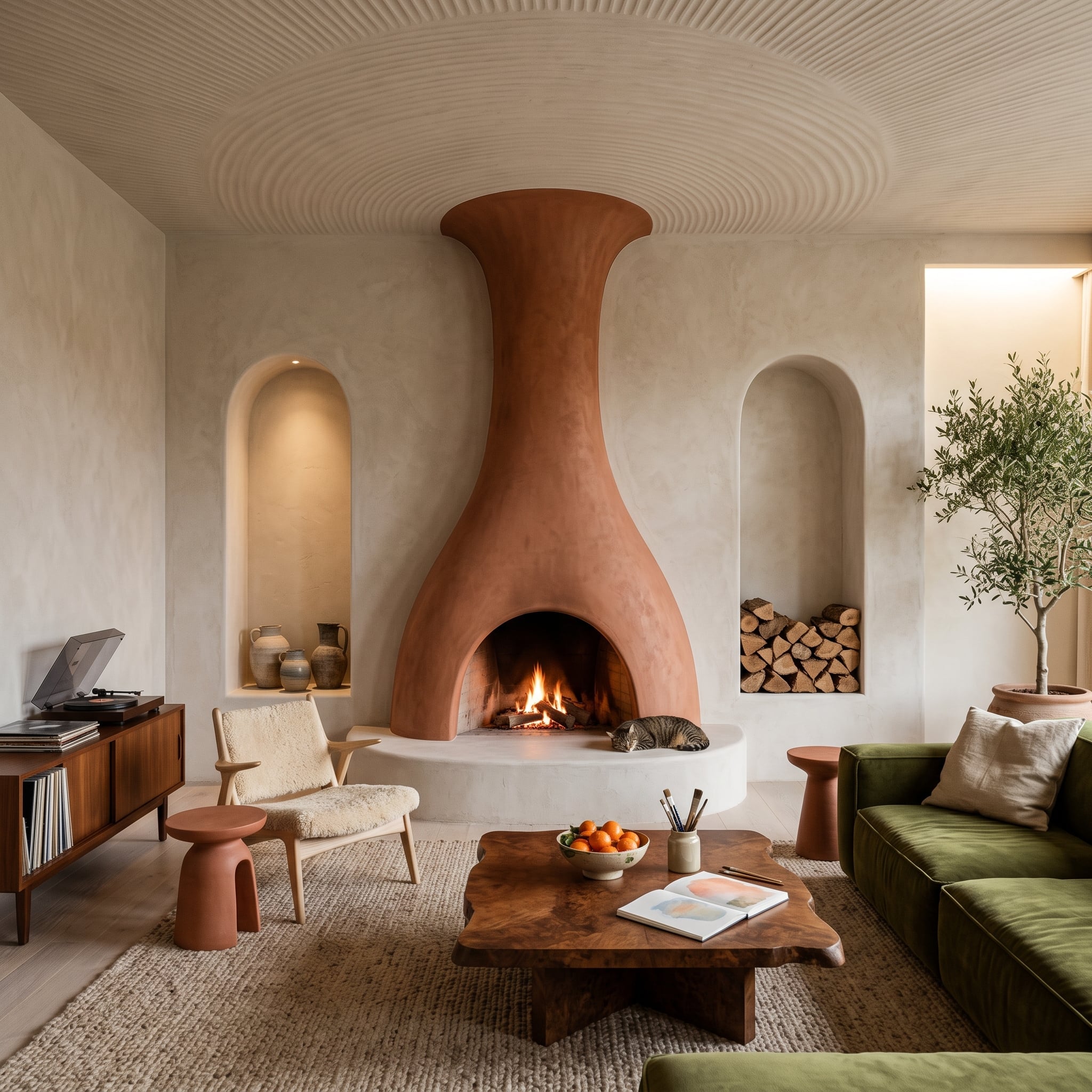 Vase-shaped terracotta fireplace chimney with arched niches