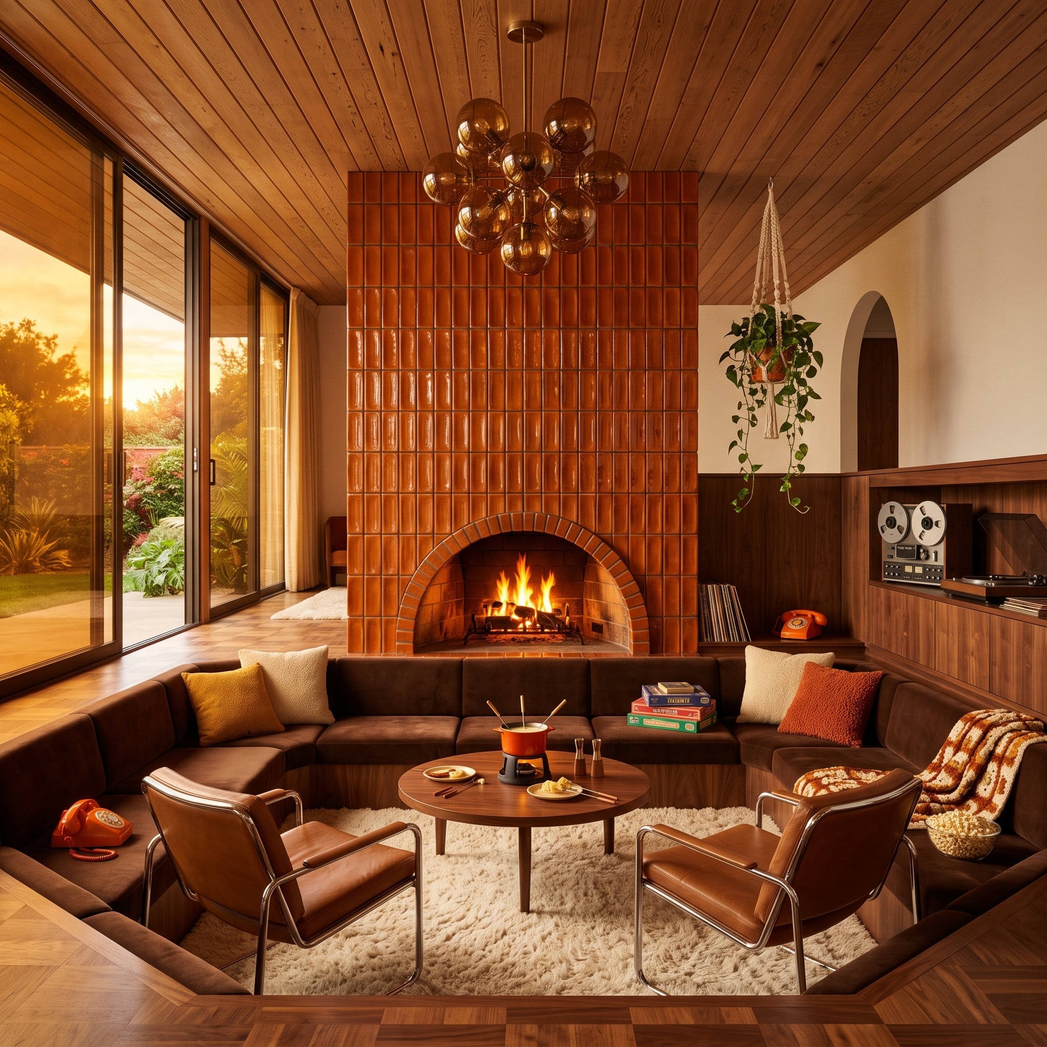 Floor-to-ceiling terracotta fireplace above a sunken conversation pit