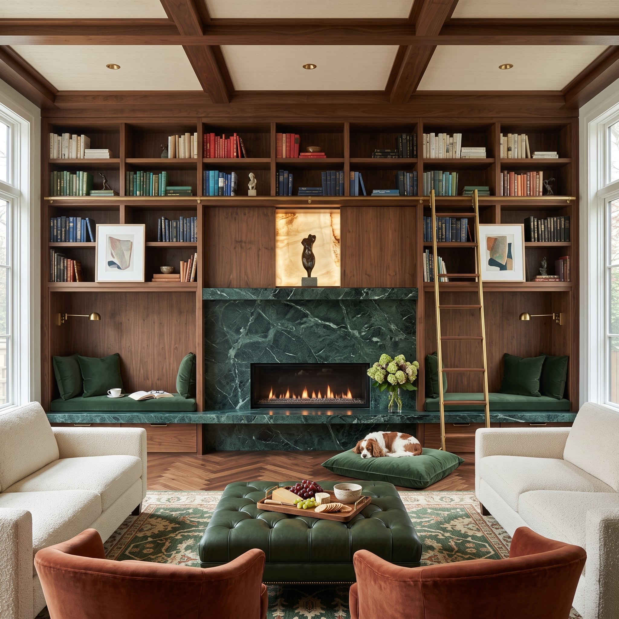 Walnut library with green marble fireplace and built-in shelving
