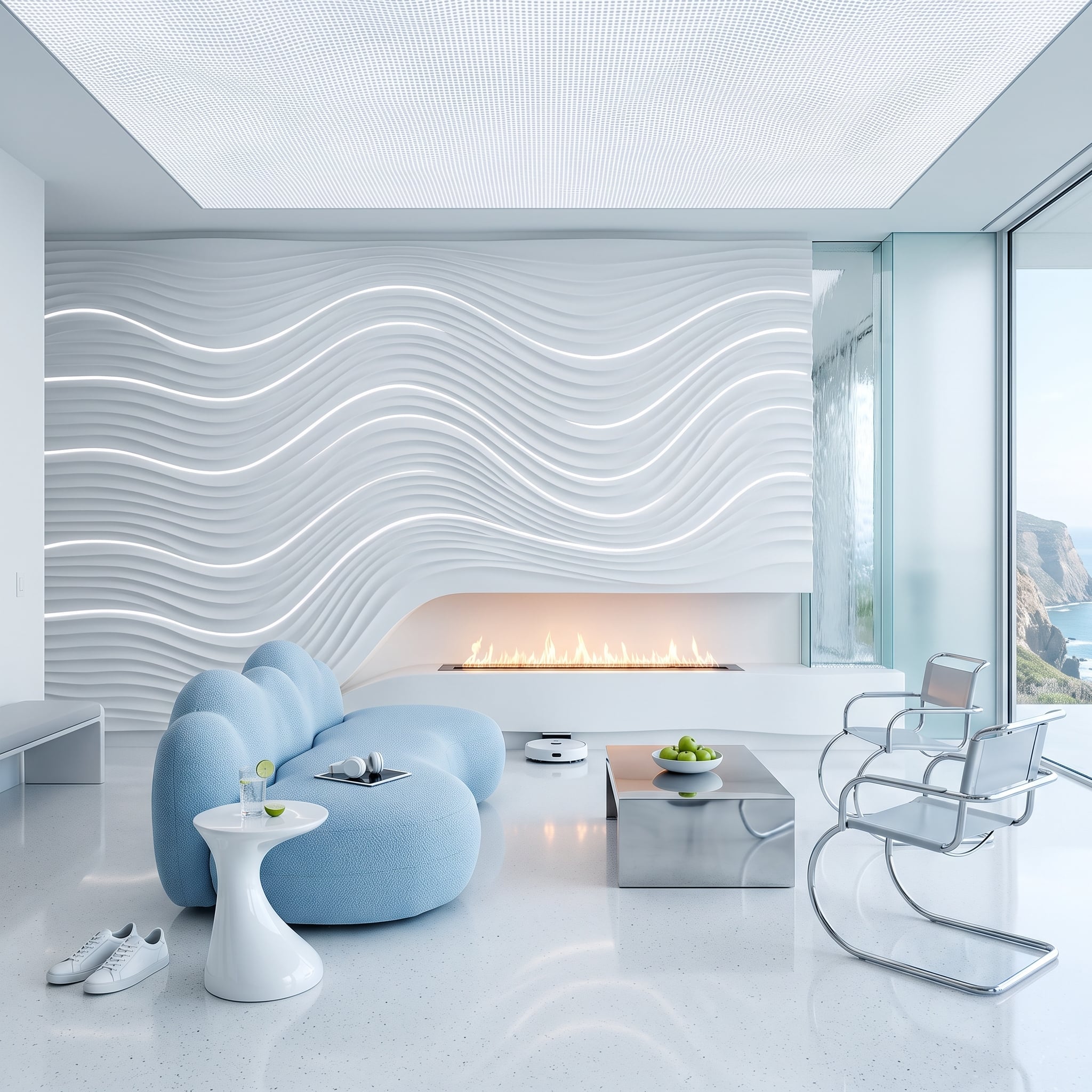 Wave-pattern plaster wall with concealed lighting and linear fireplace