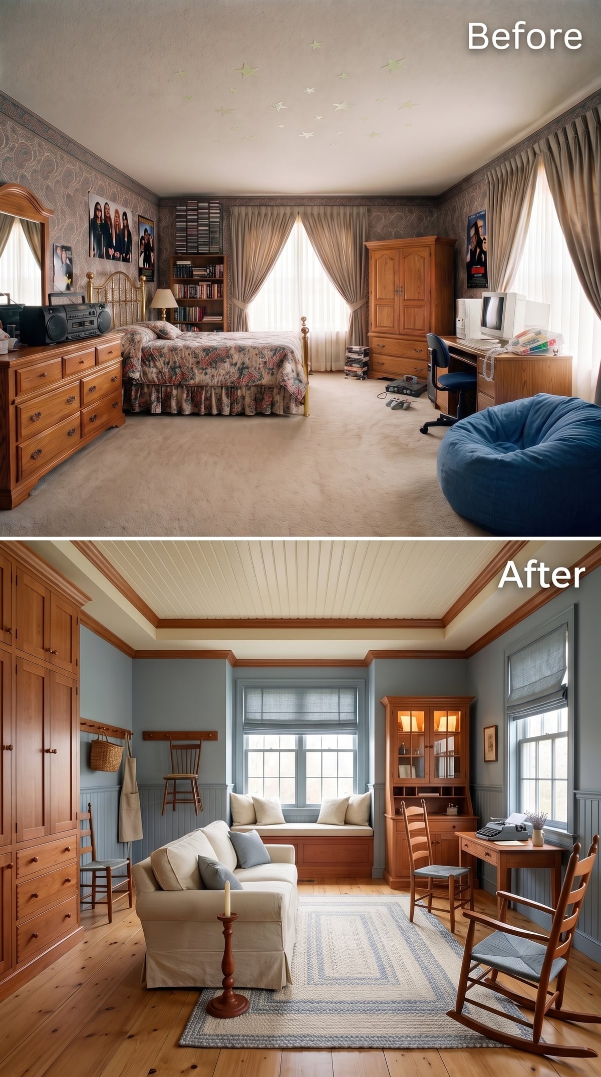 Blue-Grey Walls, Knotty Pine Floors, and a Writing Desk That Earns Every Inch