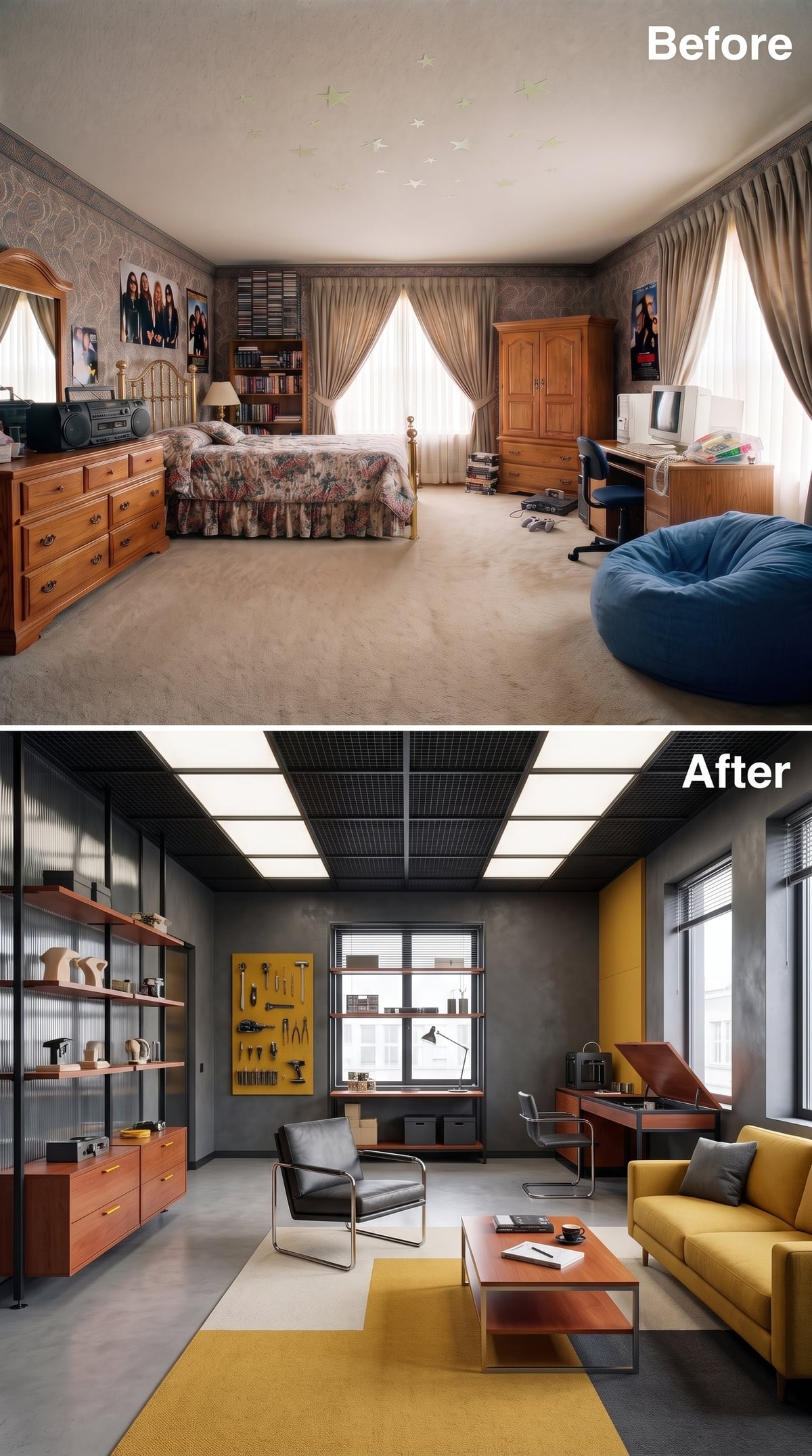 Charcoal Concrete, Mustard Yellow, and a Tool Wall That Earns Its Spot