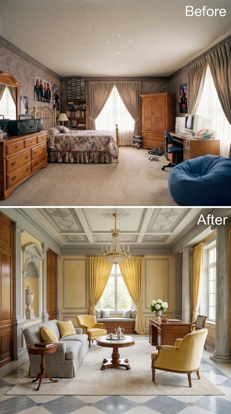 Yellow Silk, Coffered Ceilings, and a Desk That Almost Gets Away With Being an Afterthought